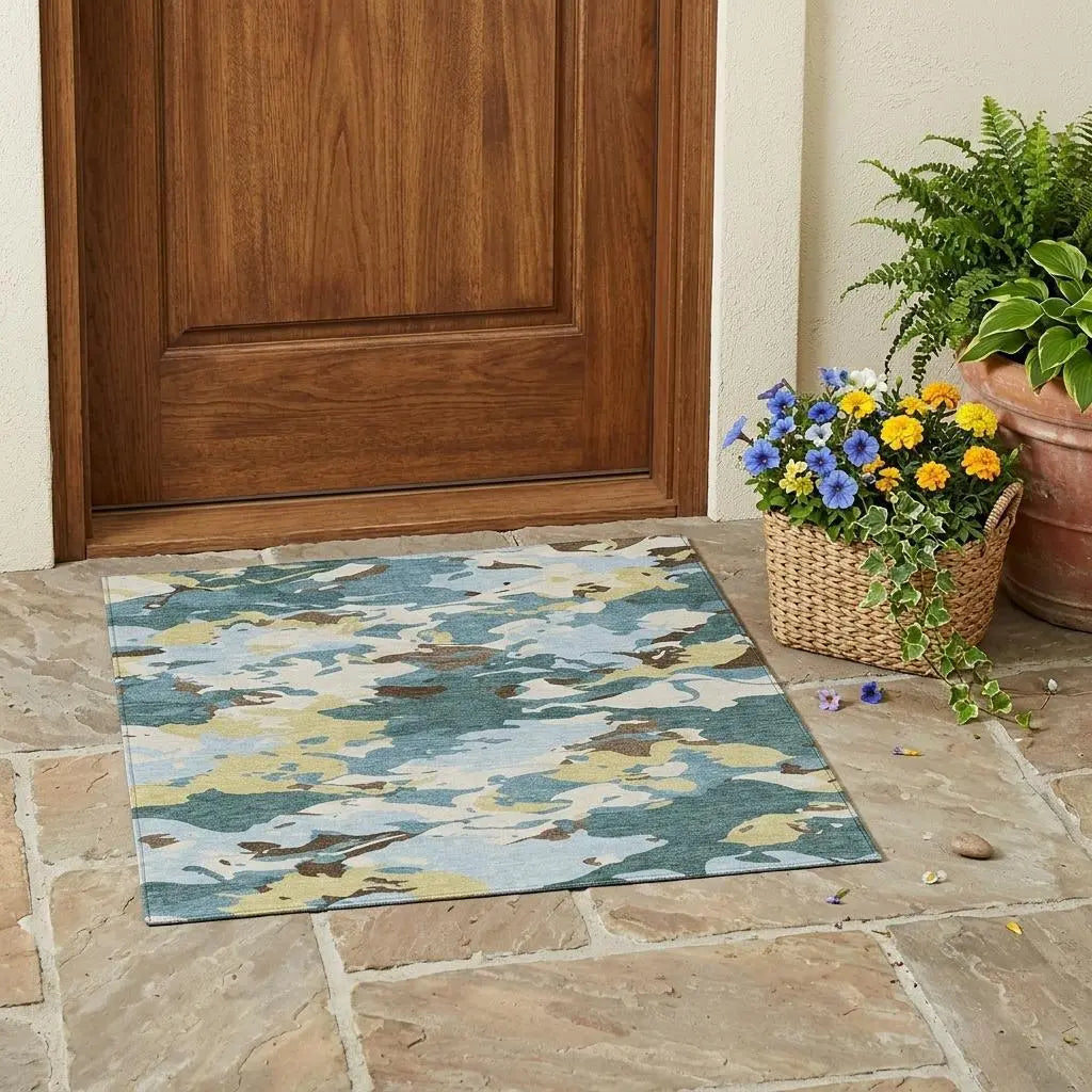 3' X 5' Teal Blue And Ivory Abstract Washable Indoor Outdoor Area Rug Homeroots Outdoor