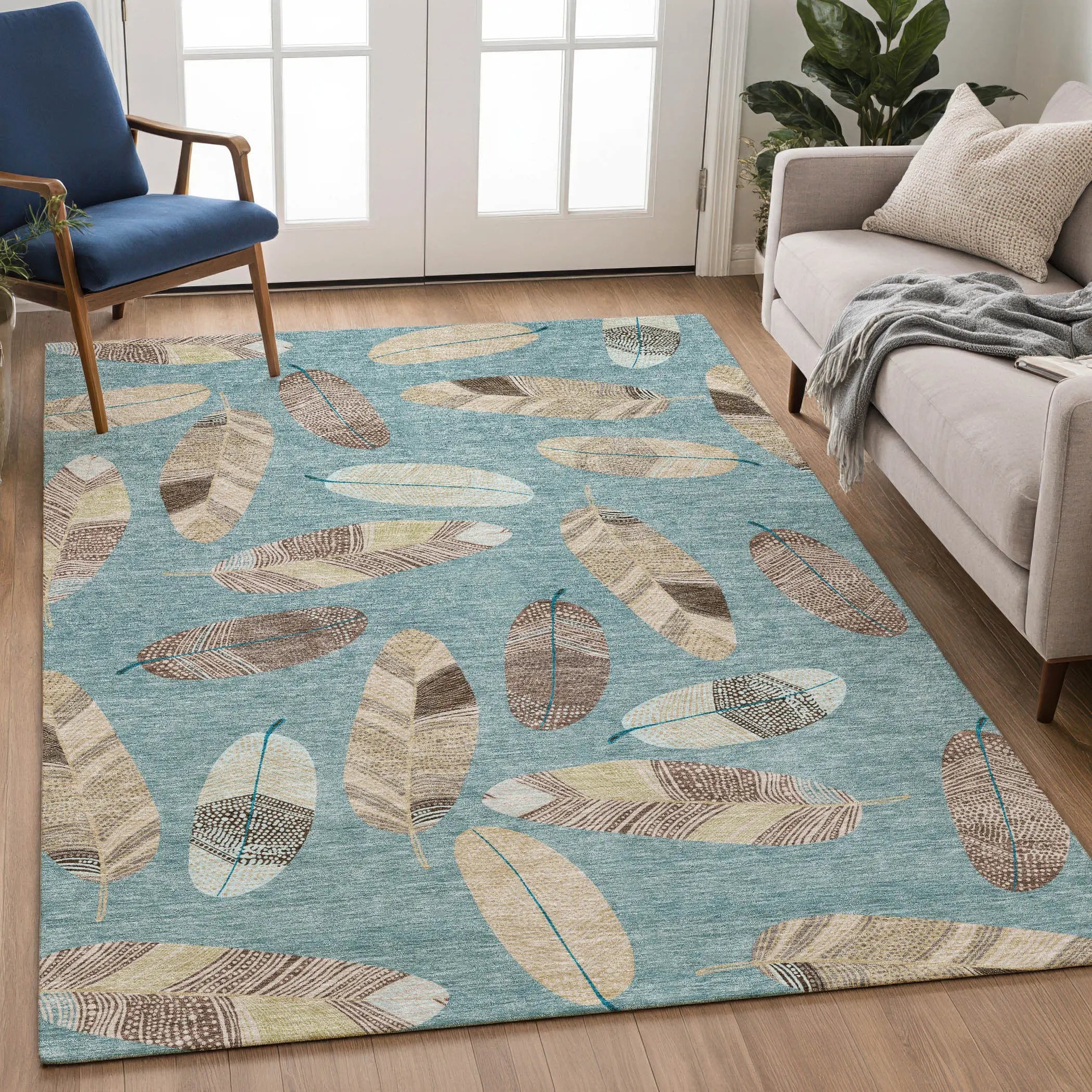 3' X 5' Teal Blue And Ivory Botanical Leaves Washable Indoor Outdoor Area Rug Homeroots Outdoor