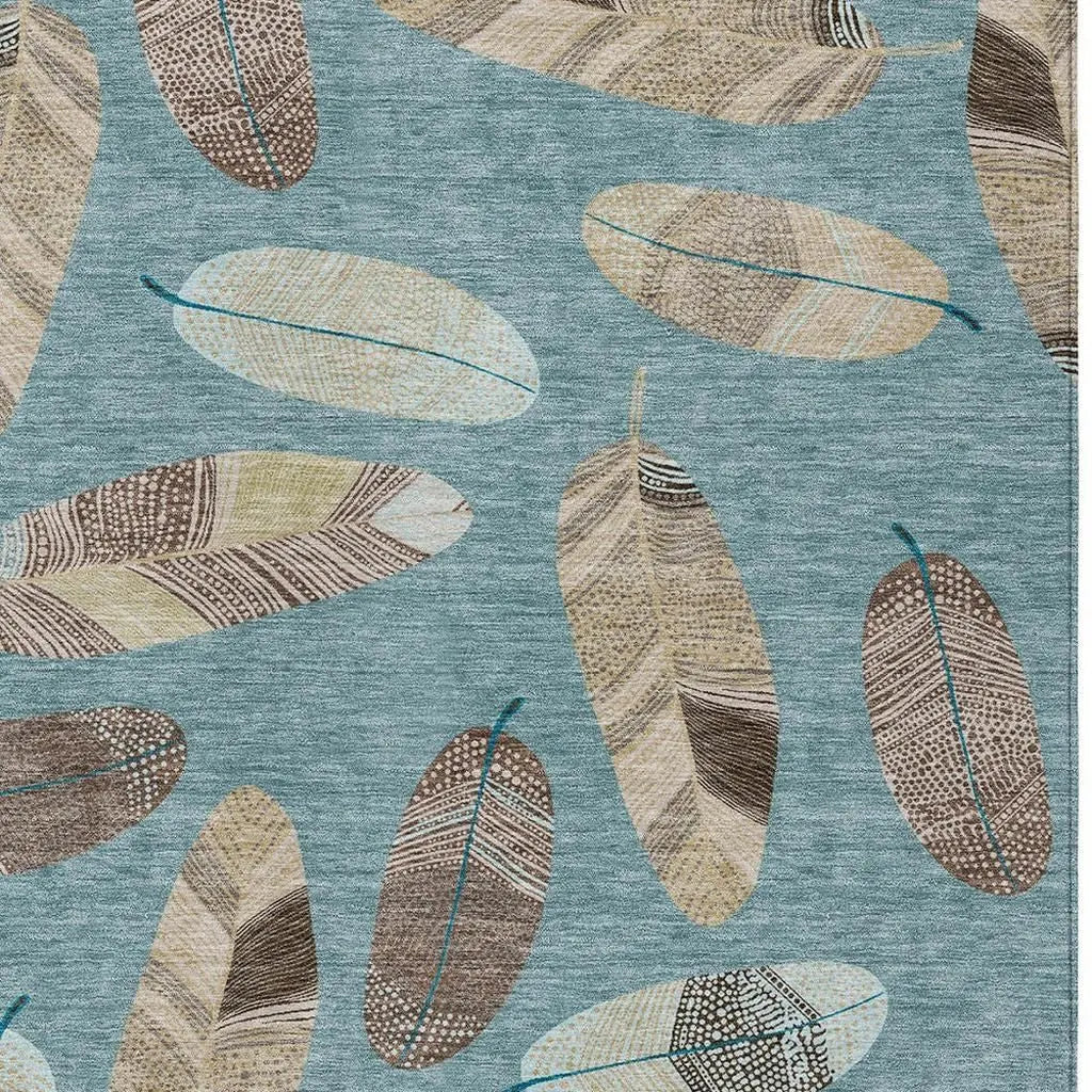 3' X 5' Teal Blue And Ivory Botanical Leaves Washable Indoor Outdoor Area Rug Homeroots Outdoor