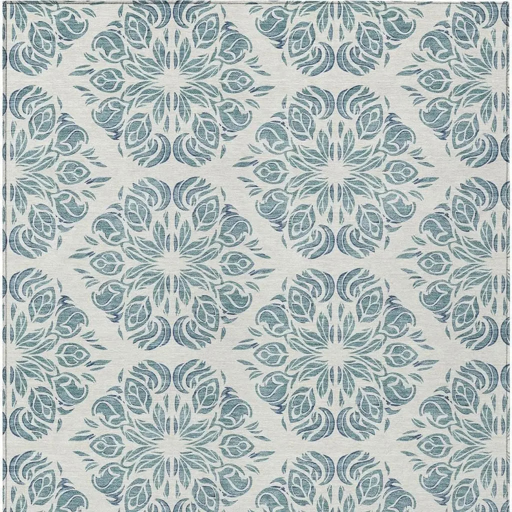 3' X 5' Teal Blue And Ivory Damask Washable Indoor Outdoor Area Rug Homeroots Outdoor