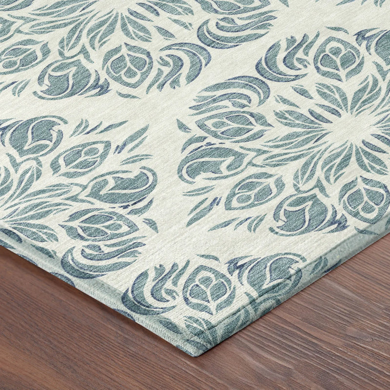 3' X 5' Teal Blue And Ivory Damask Washable Indoor Outdoor Area Rug Homeroots Outdoor