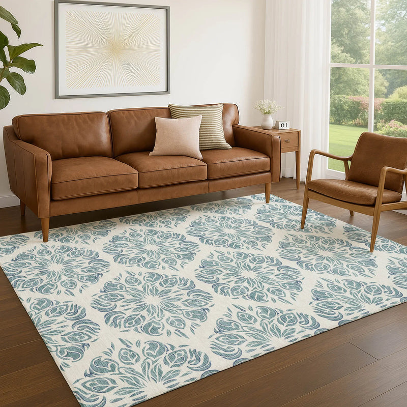 3' X 5' Teal Blue And Ivory Damask Washable Indoor Outdoor Area Rug Homeroots Outdoor