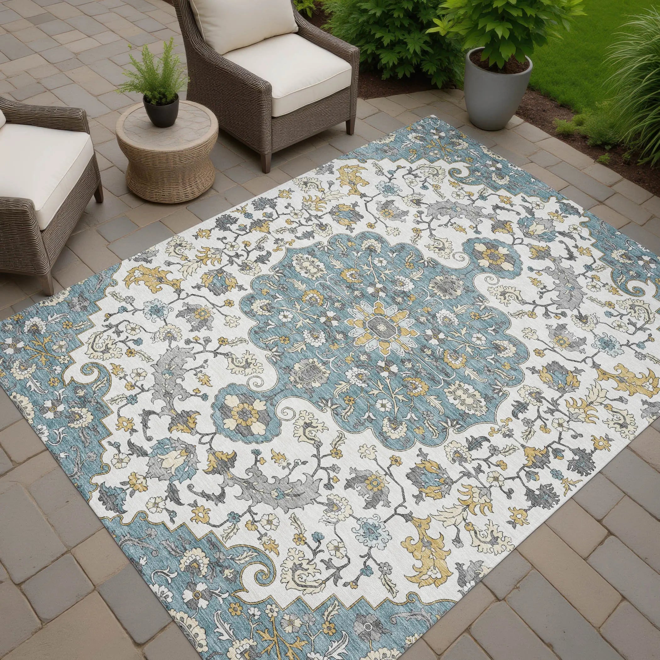 3' X 5' Teal Blue And Ivory Floral Medallion Washable Indoor Outdoor Area Rug Homeroots Outdoor