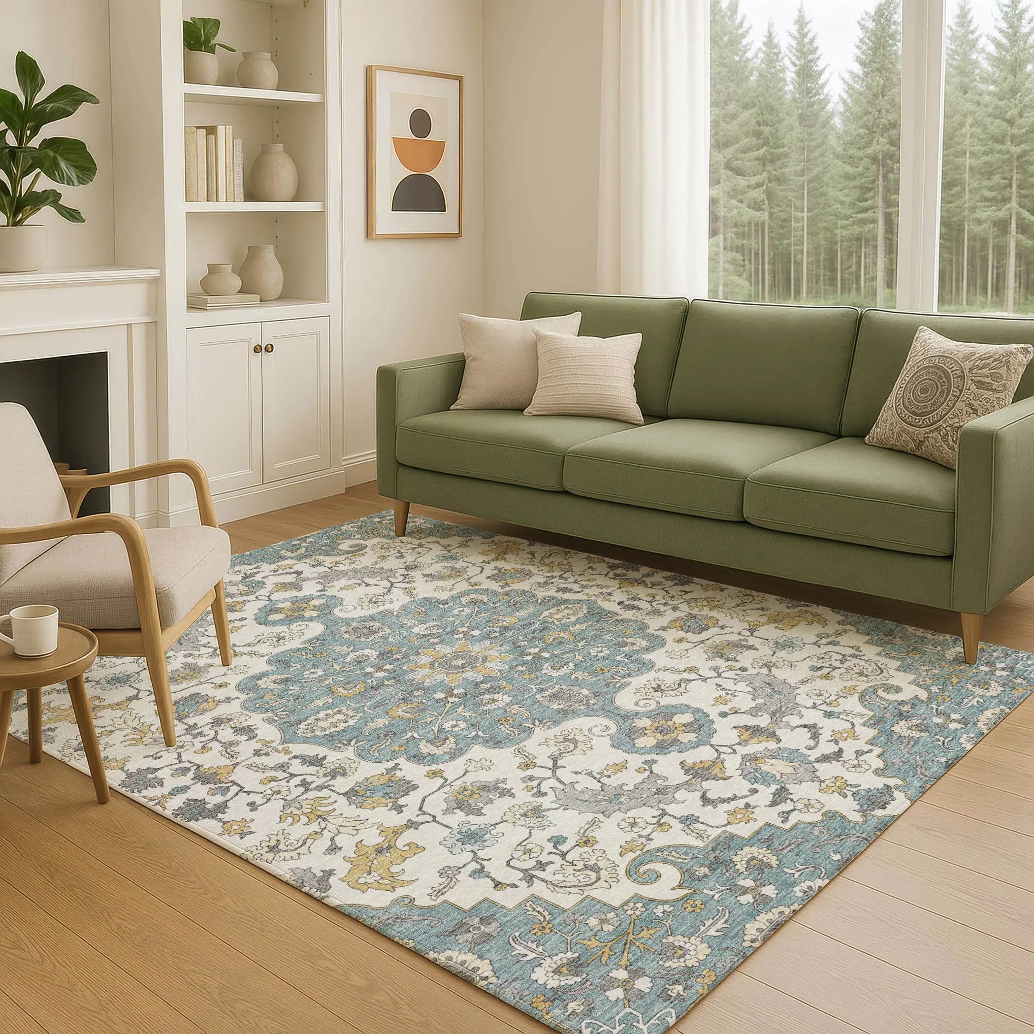 3' X 5' Teal Blue And Ivory Floral Medallion Washable Indoor Outdoor Area Rug Homeroots Outdoor
