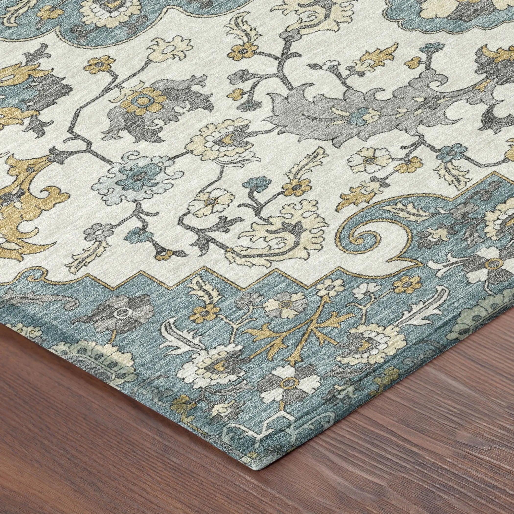 3' X 5' Teal Blue And Ivory Floral Medallion Washable Indoor Outdoor Area Rug Homeroots Outdoor