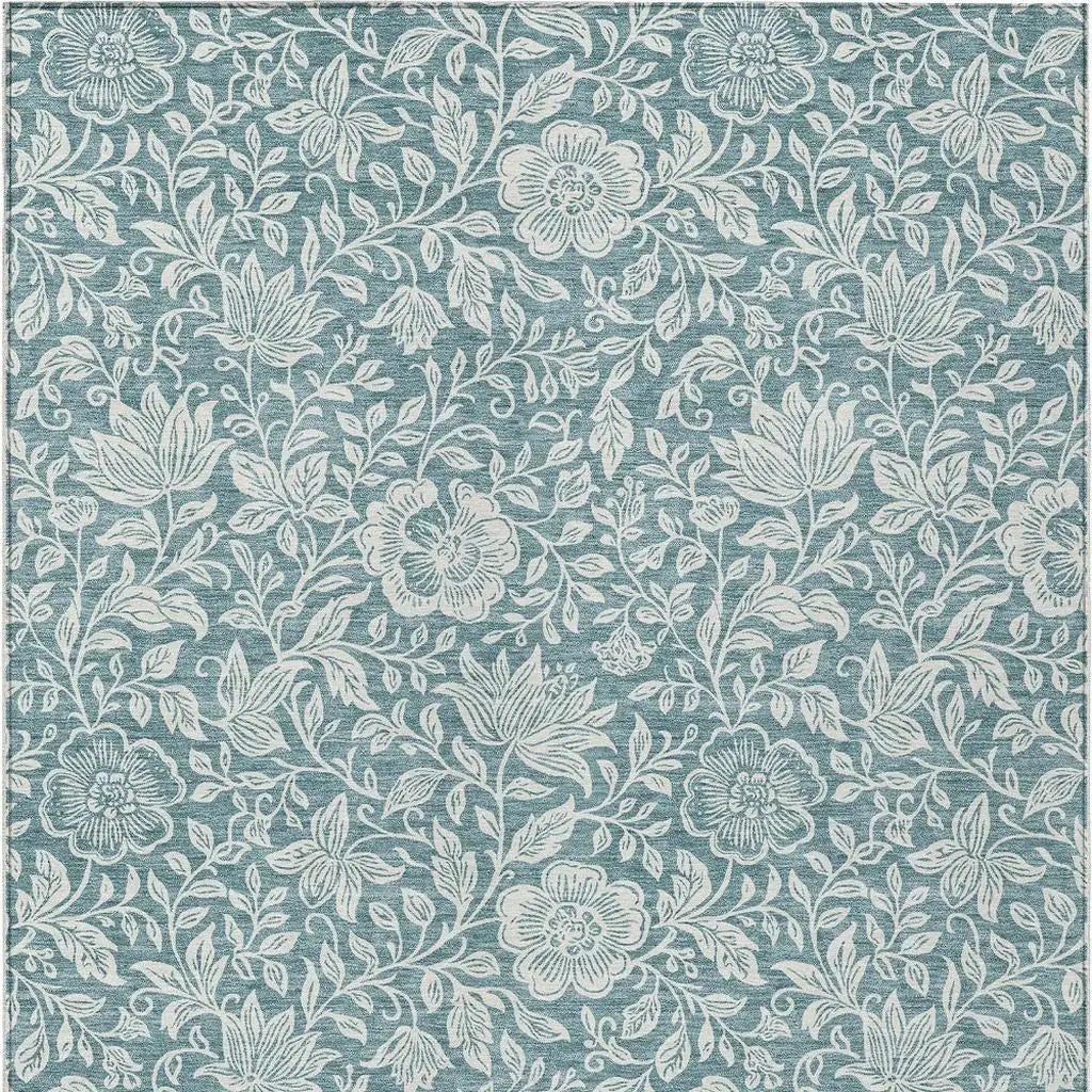 3' X 5' Teal Blue And Ivory Floral Washable Indoor Outdoor Area Rug Homeroots Outdoor