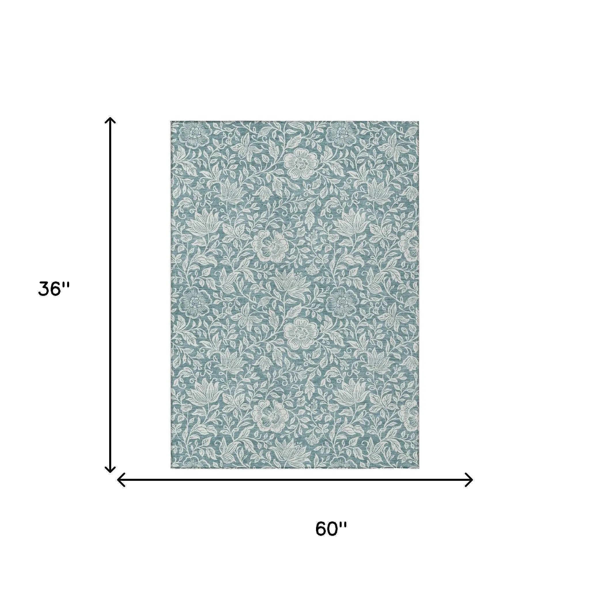3' X 5' Teal Blue And Ivory Floral Washable Indoor Outdoor Area Rug Homeroots Outdoor