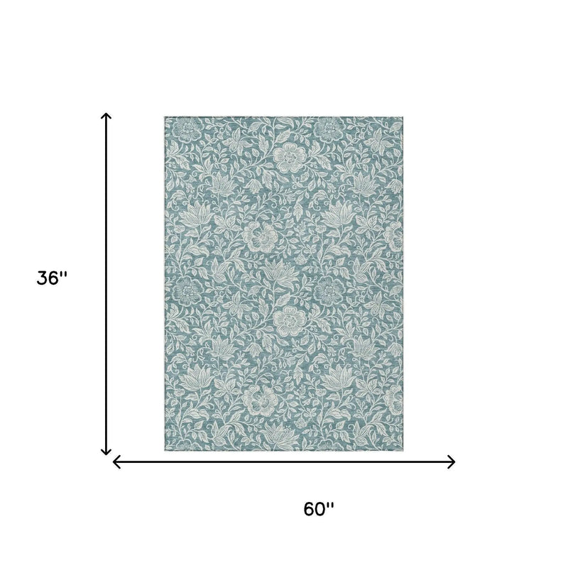 3' X 5' Teal Blue And Ivory Floral Washable Indoor Outdoor Area Rug Homeroots Outdoor