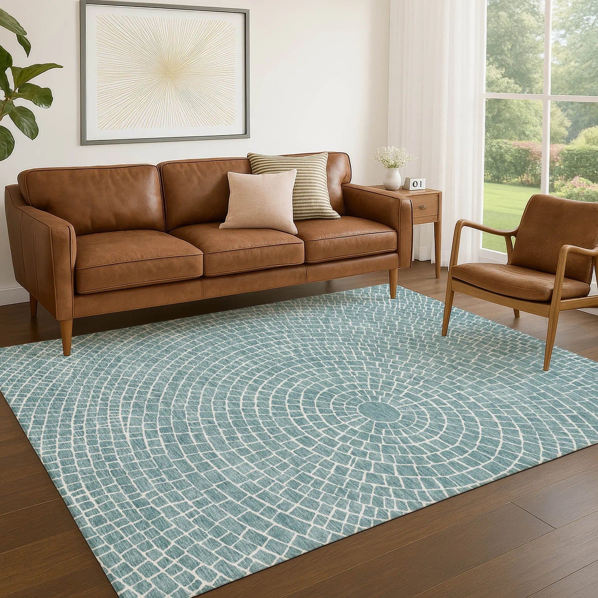 3' X 5' Teal Blue And Ivory Geometric Washable Indoor Outdoor Area Rug Homeroots Outdoor