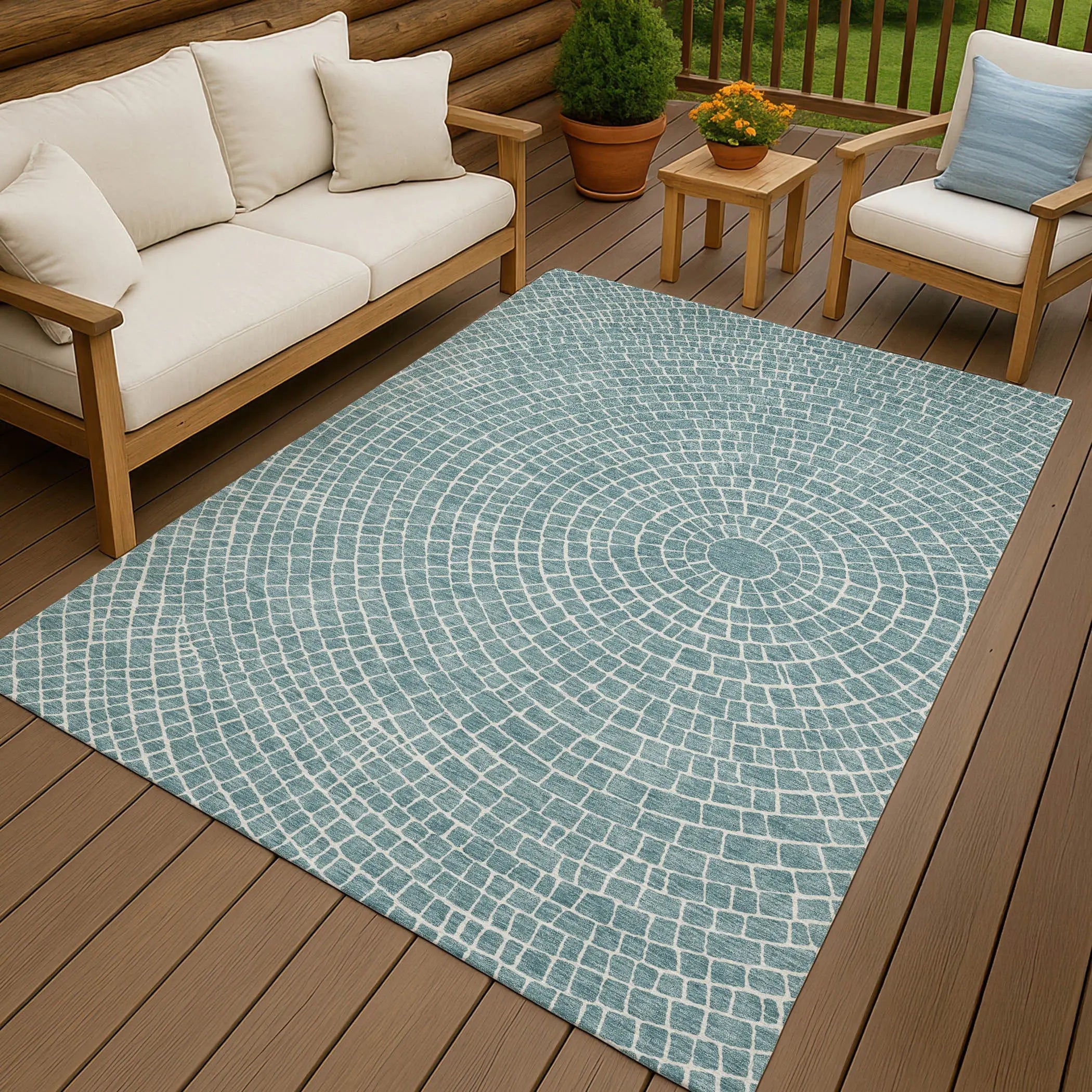 3' X 5' Teal Blue And Ivory Geometric Washable Indoor Outdoor Area Rug Homeroots Outdoor