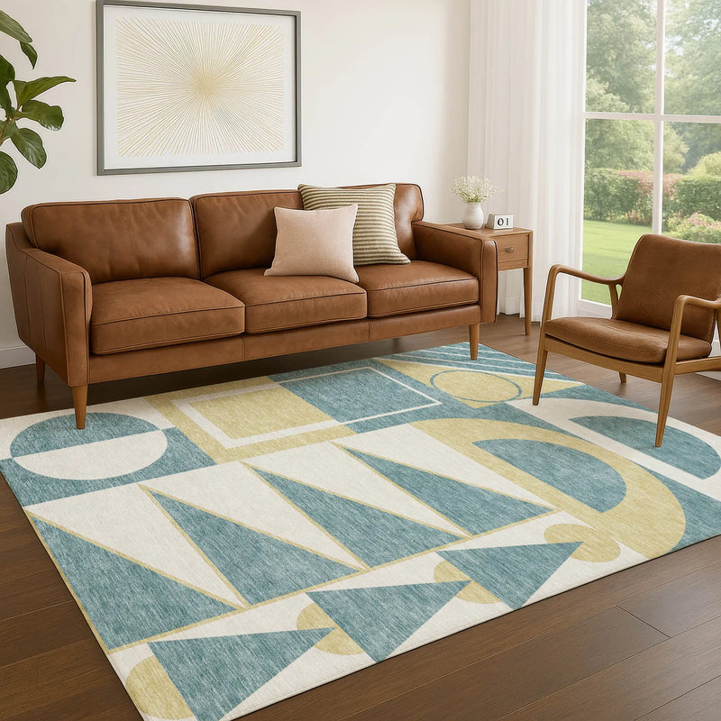 3' X 5' Teal Blue And Ivory Geometric Washable Indoor Outdoor Area Rug Homeroots Outdoor