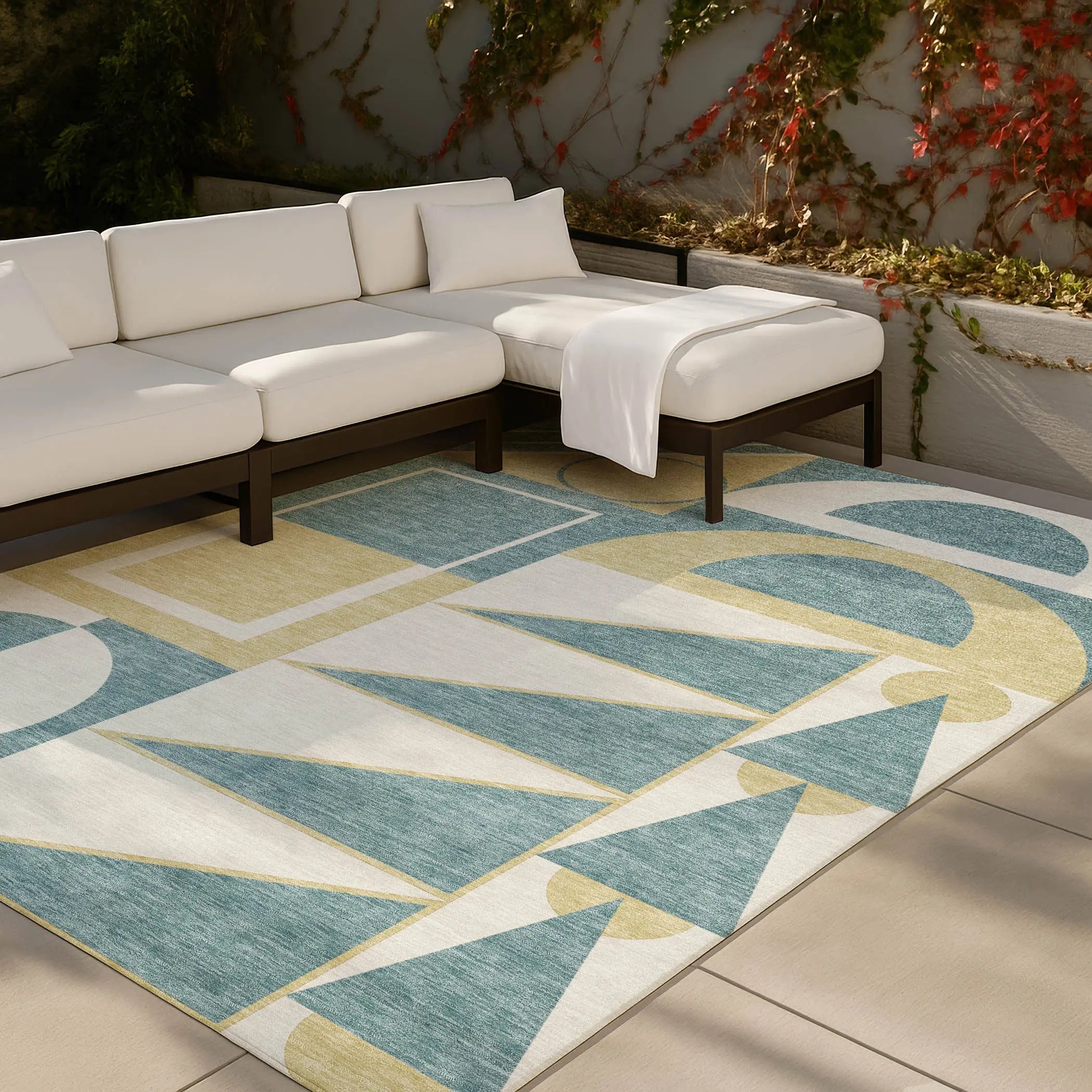 3' X 5' Teal Blue And Ivory Geometric Washable Indoor Outdoor Area Rug Homeroots Outdoor
