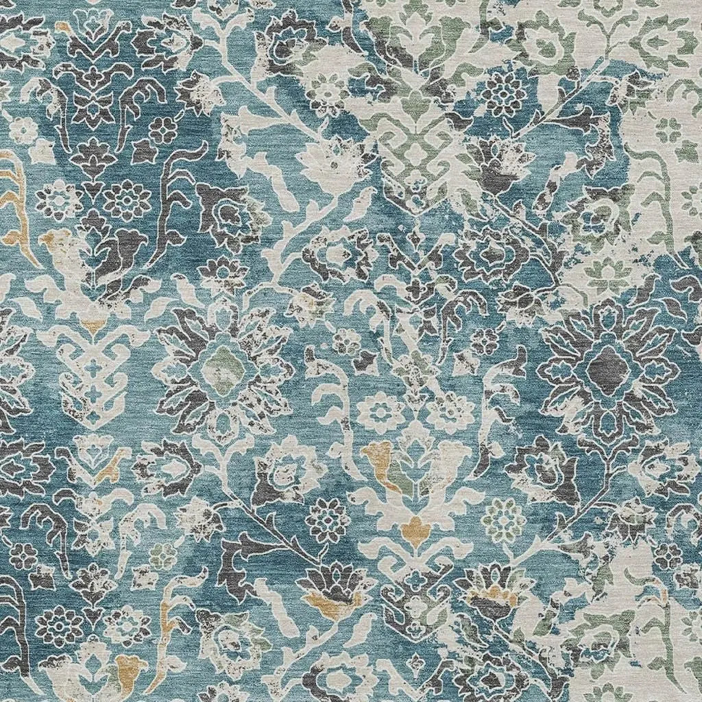 3' X 5' Teal Blue And Ivory Geometric Washable Indoor Outdoor Area Rug Homeroots Outdoor