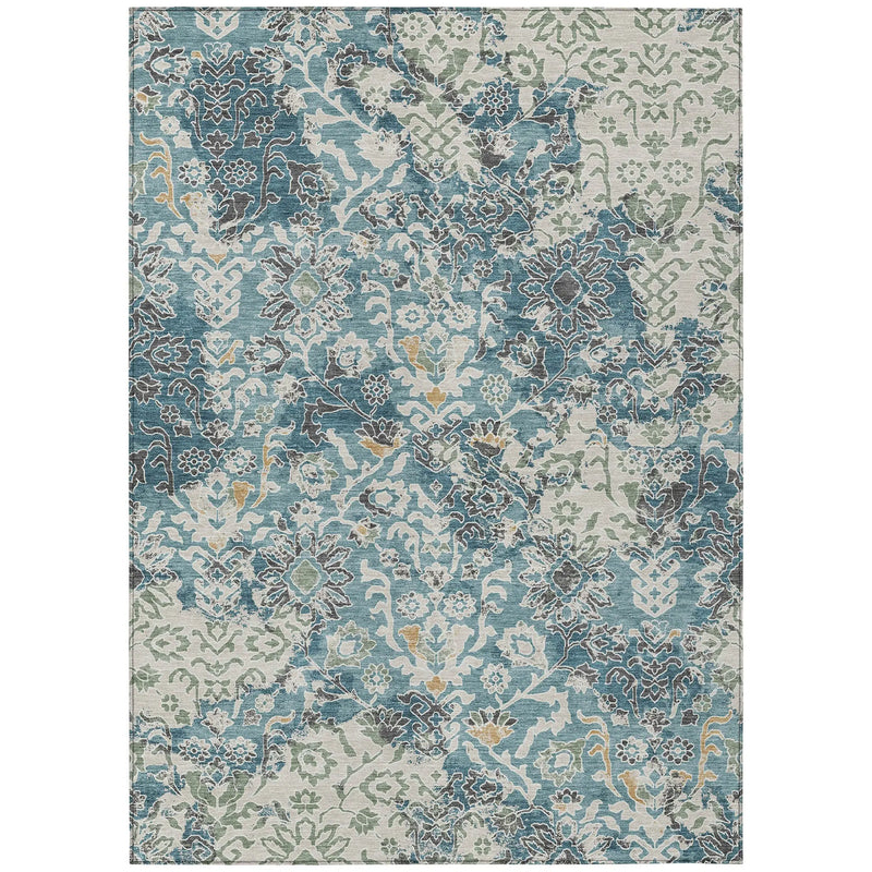 3' X 5' Teal Blue And Ivory Geometric Washable Indoor Outdoor Area Rug Homeroots Outdoor