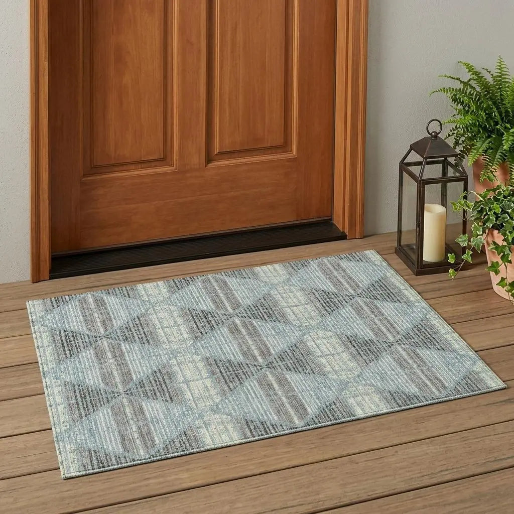 3' X 5' Teal Blue And Ivory Geometric Washable Indoor Outdoor Area Rug Homeroots Outdoor