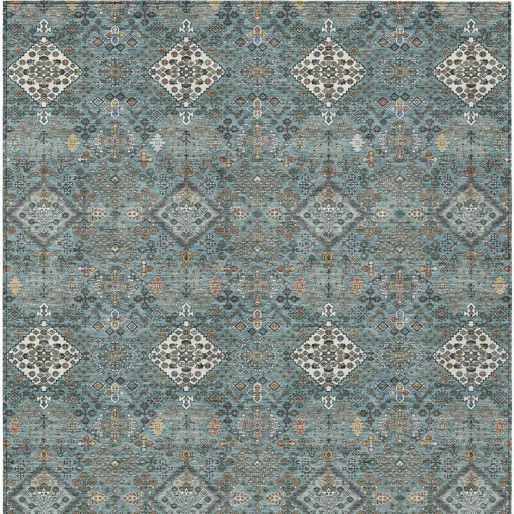 3' X 5' Teal Blue And Ivory Geometric Washable Indoor Outdoor Area Rug Homeroots Outdoor