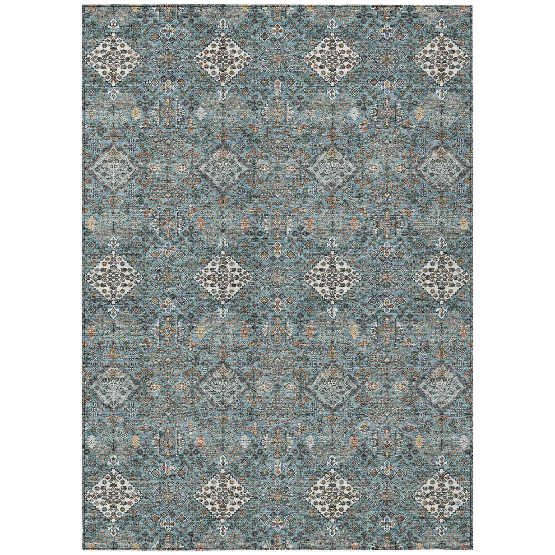 3' X 5' Teal Blue And Ivory Geometric Washable Indoor Outdoor Area Rug Homeroots Outdoor