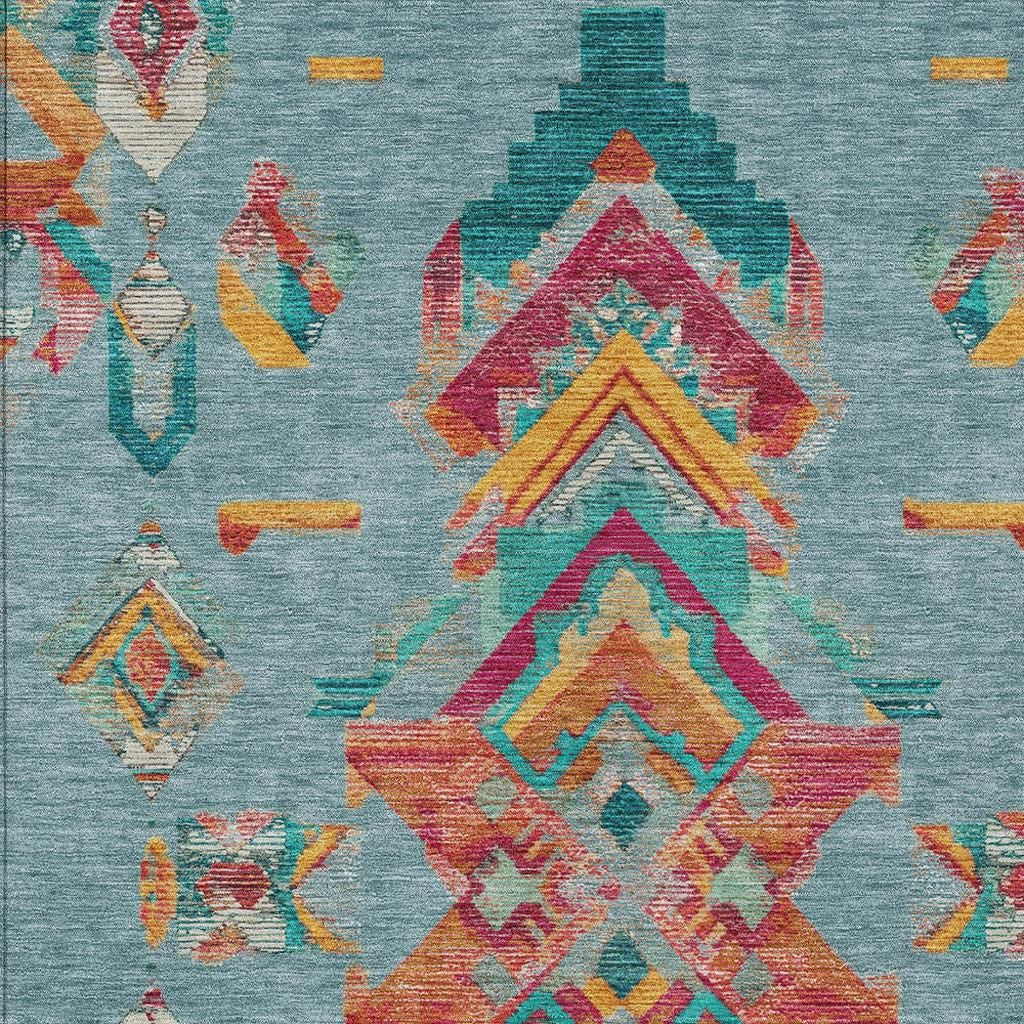 3' X 5' Teal Blue And Ivory Tribal Washable Indoor Outdoor Area Rug Homeroots Outdoor
