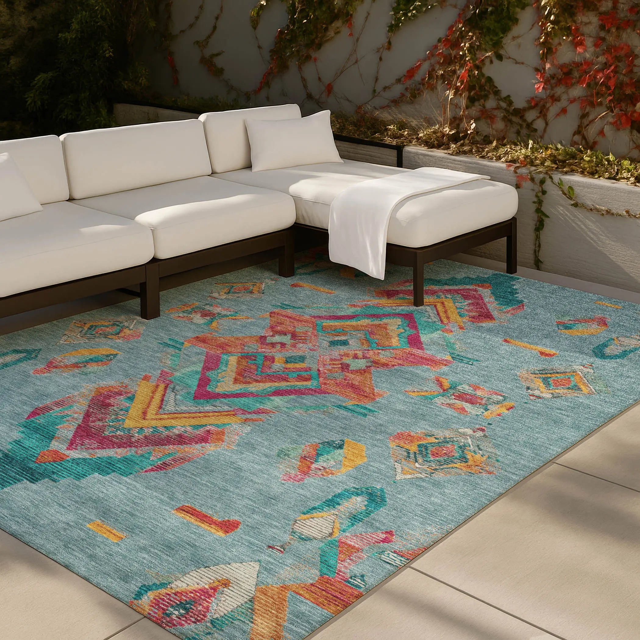 3' X 5' Teal Blue And Ivory Tribal Washable Indoor Outdoor Area Rug Homeroots Outdoor