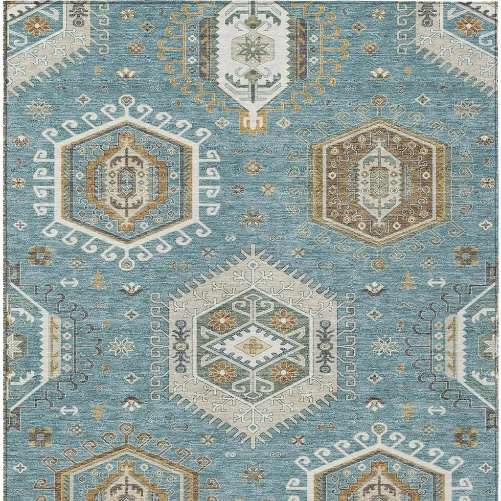 3' X 5' Teal Blue And Ivory Tribal Washable Indoor Outdoor Area Rug Homeroots Outdoor