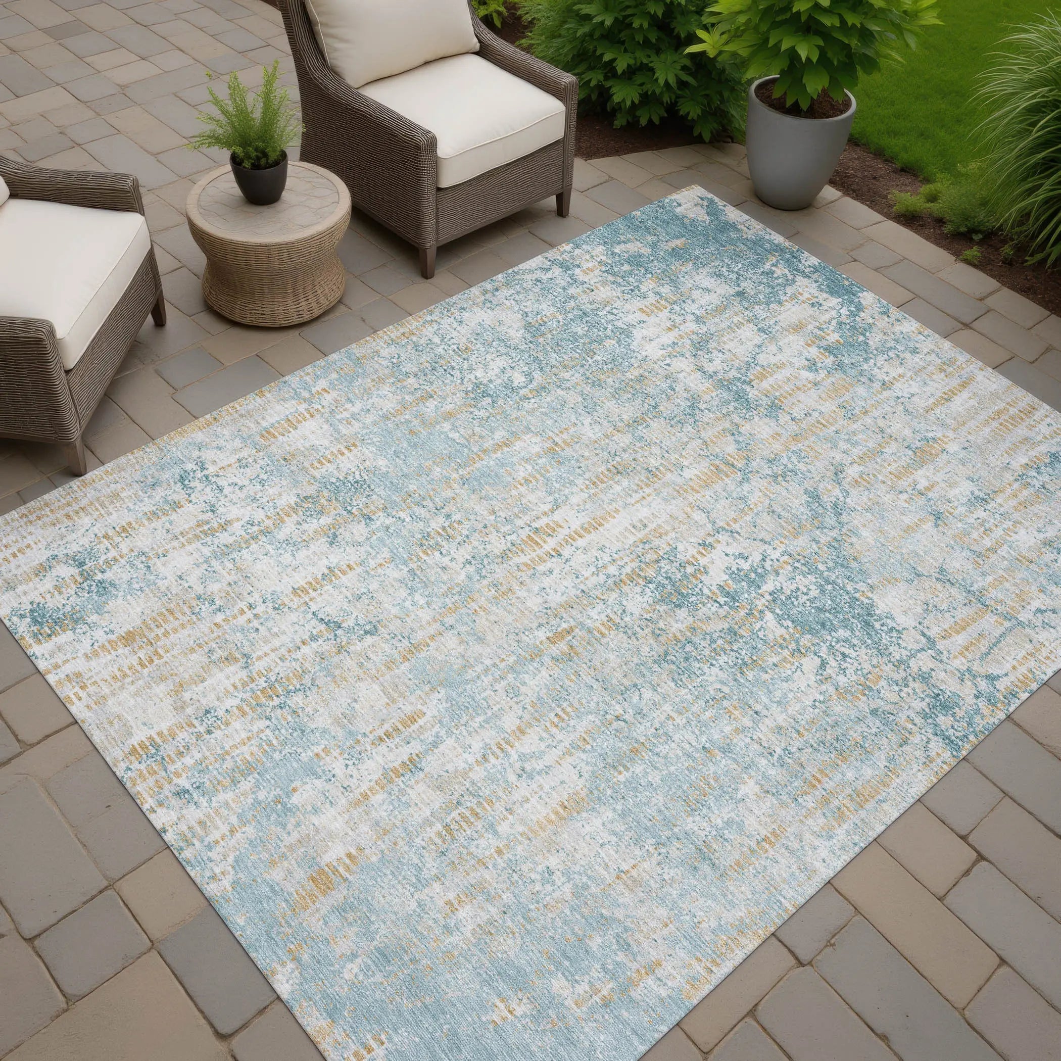 3' X 5' Teal Blue And Linen Abstract Washable Indoor Outdoor Area Rug Homeroots Outdoor