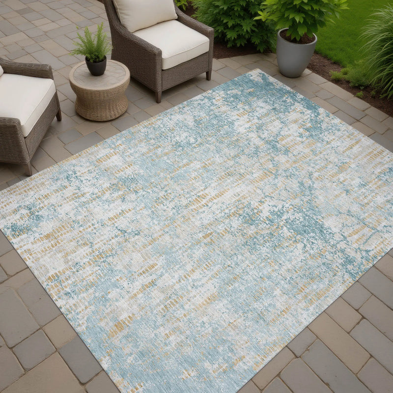 3' X 5' Teal Blue And Linen Abstract Washable Indoor Outdoor Area Rug Homeroots Outdoor