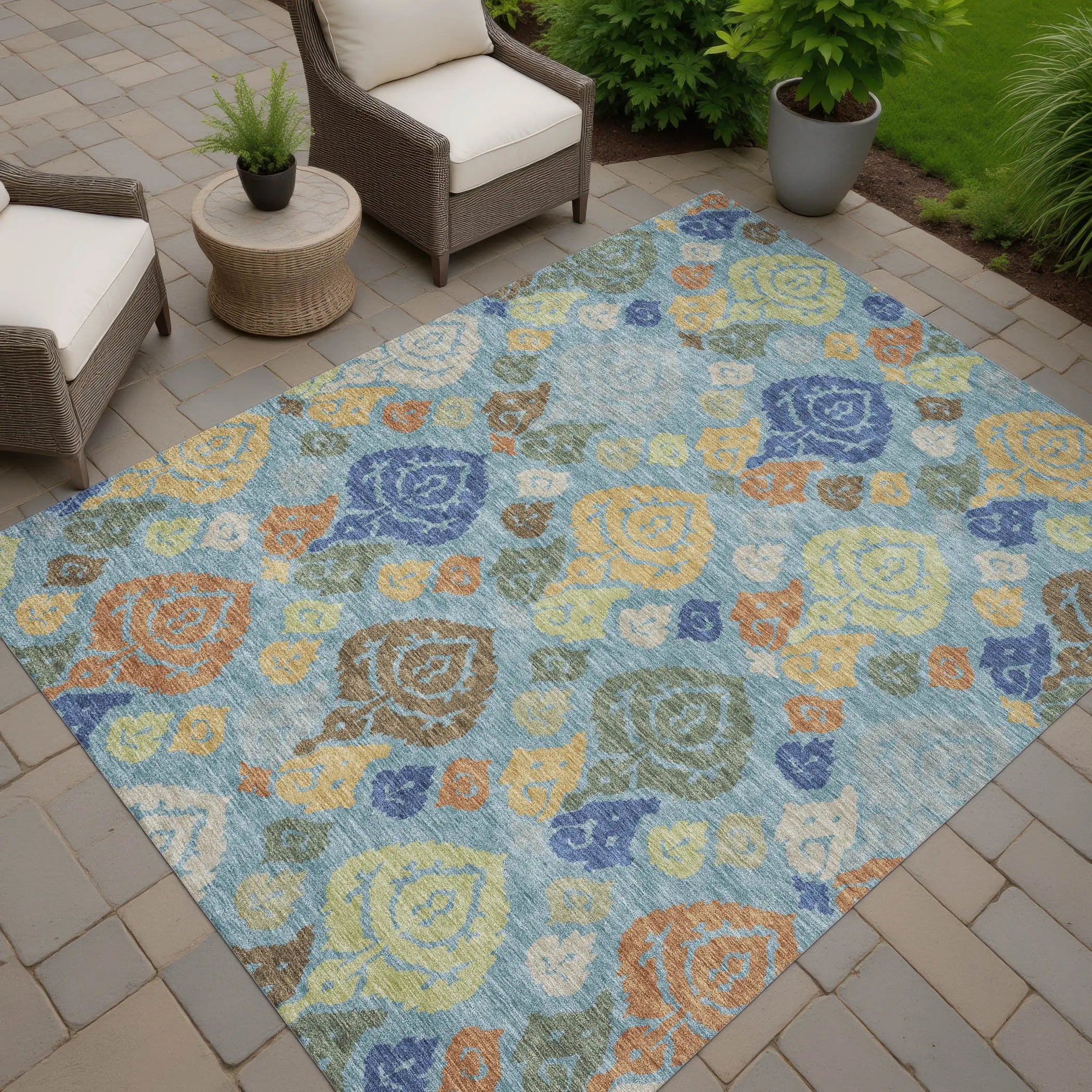 3' X 5' Teal Blue And Navy Blue Damask Washable Indoor Outdoor Area Rug Homeroots Outdoor