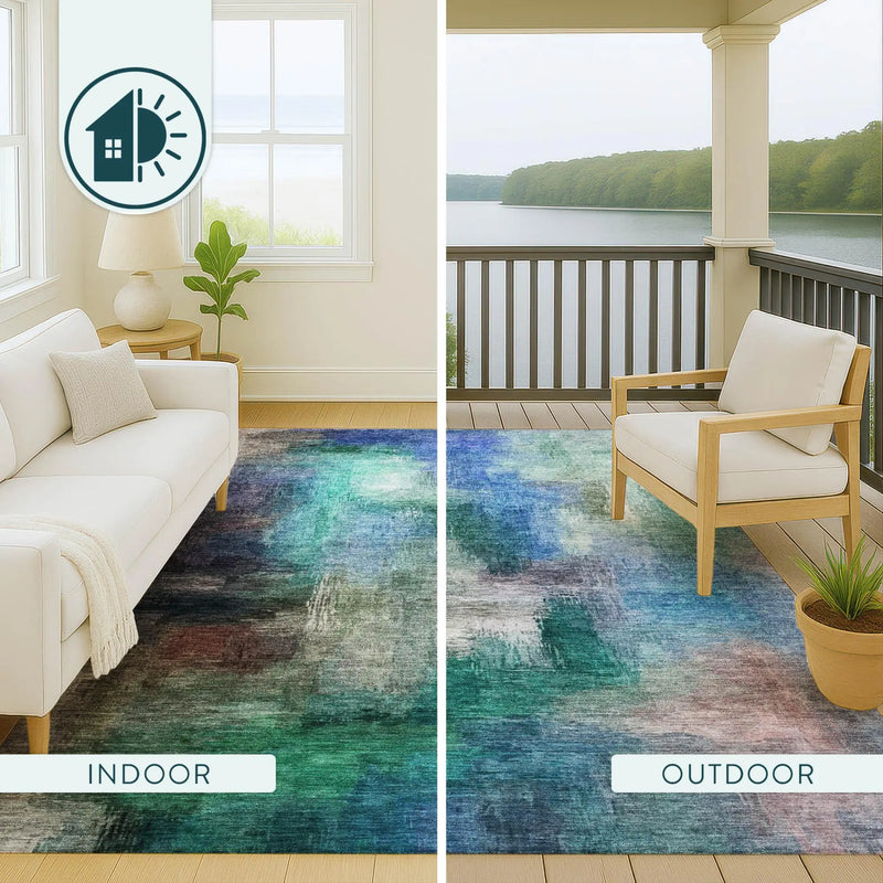 3' X 5' Teal Blue And Pewter Abstract Washable Indoor Outdoor Area Rug Homeroots Outdoor