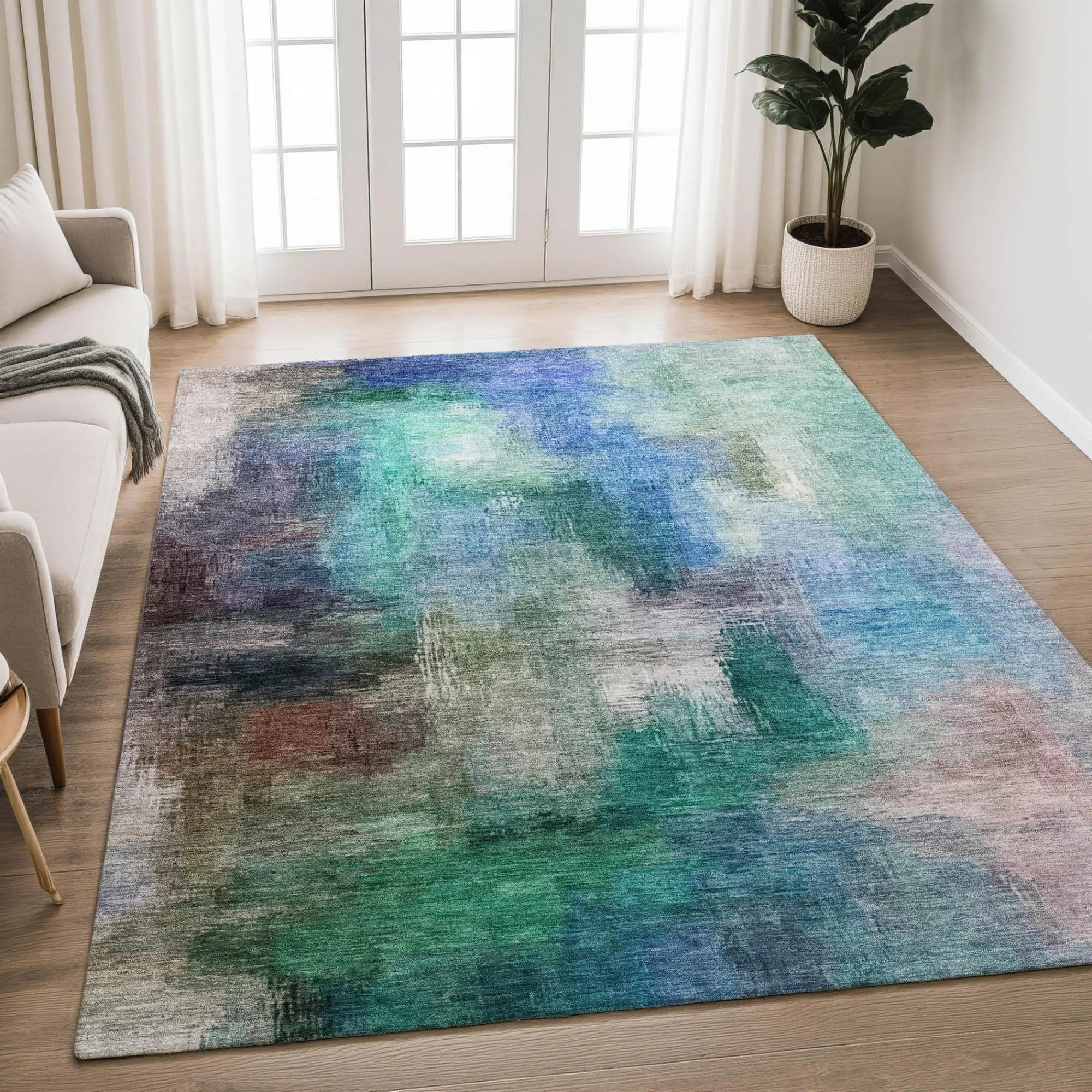 3' X 5' Teal Blue And Pewter Abstract Washable Indoor Outdoor Area Rug Homeroots Outdoor
