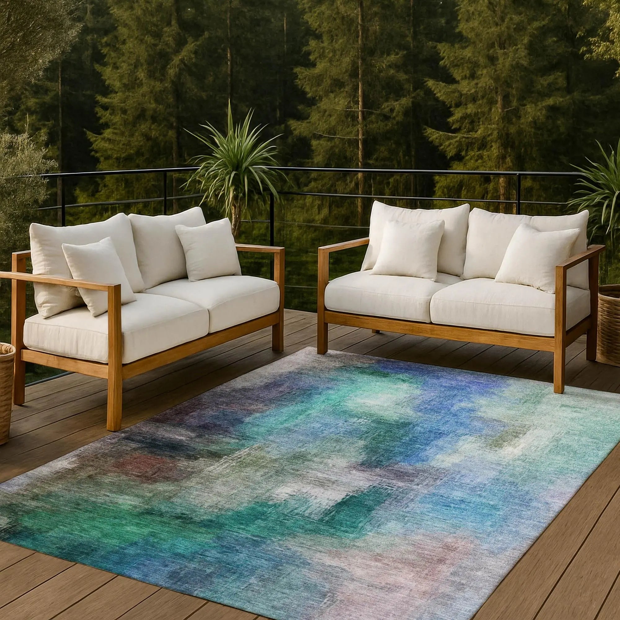 3' X 5' Teal Blue And Pewter Abstract Washable Indoor Outdoor Area Rug Homeroots Outdoor
