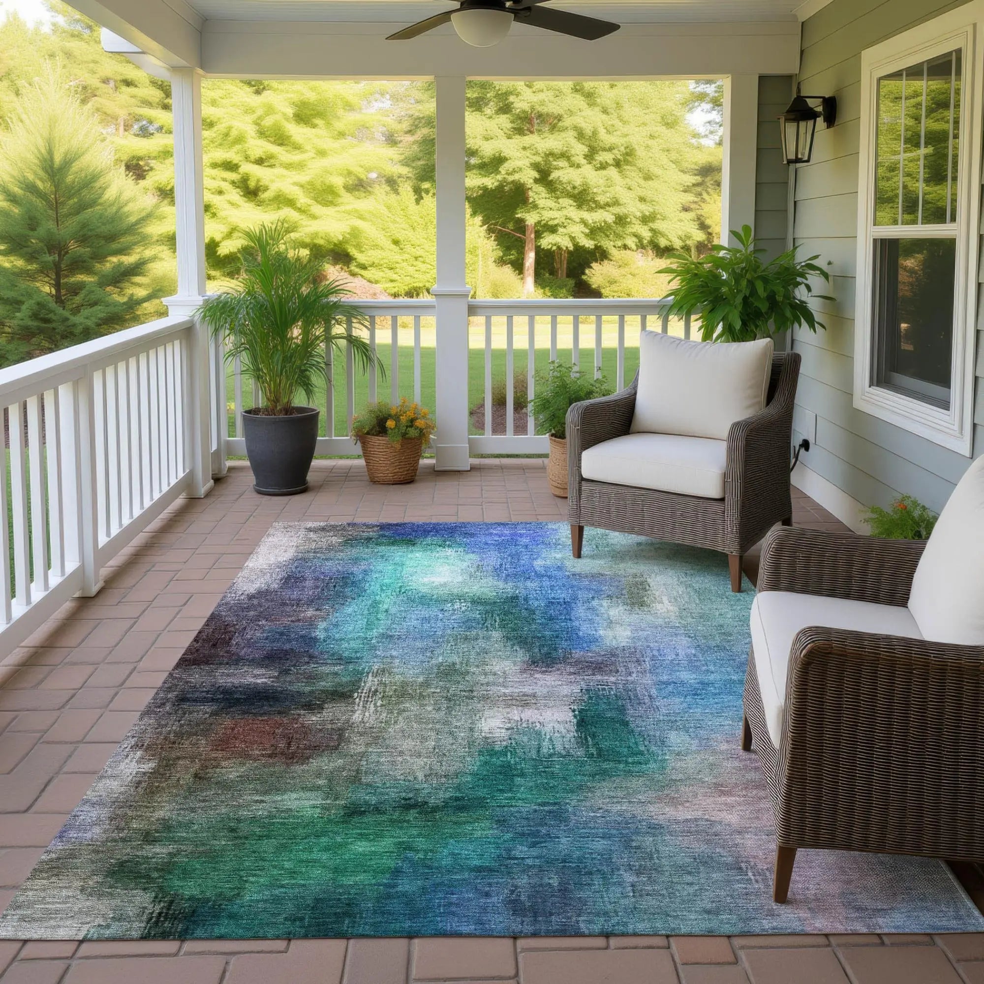 3' X 5' Teal Blue And Pewter Abstract Washable Indoor Outdoor Area Rug Homeroots Outdoor