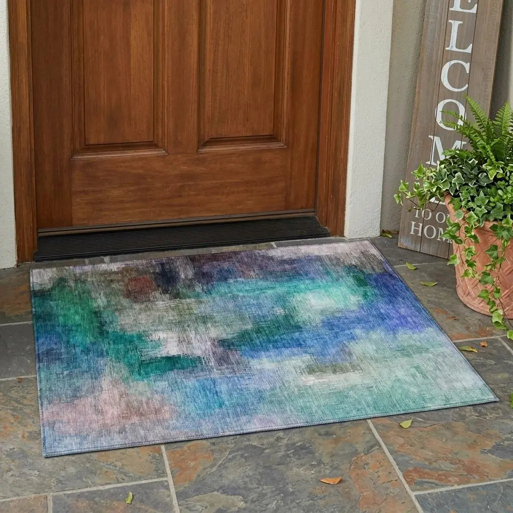 3' X 5' Teal Blue And Pewter Abstract Washable Indoor Outdoor Area Rug Homeroots Outdoor