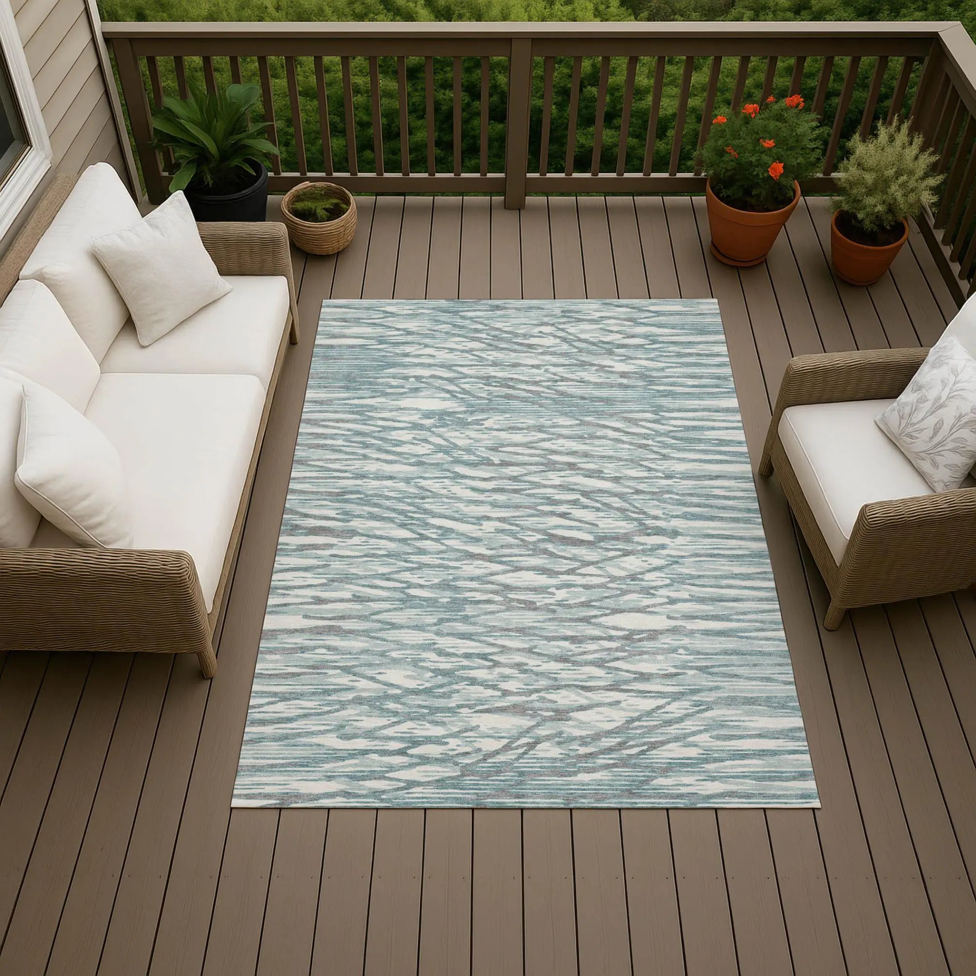 3' X 5' Teal Blue And Pewter Abstract Washable Indoor Outdoor Area Rug Homeroots Outdoor