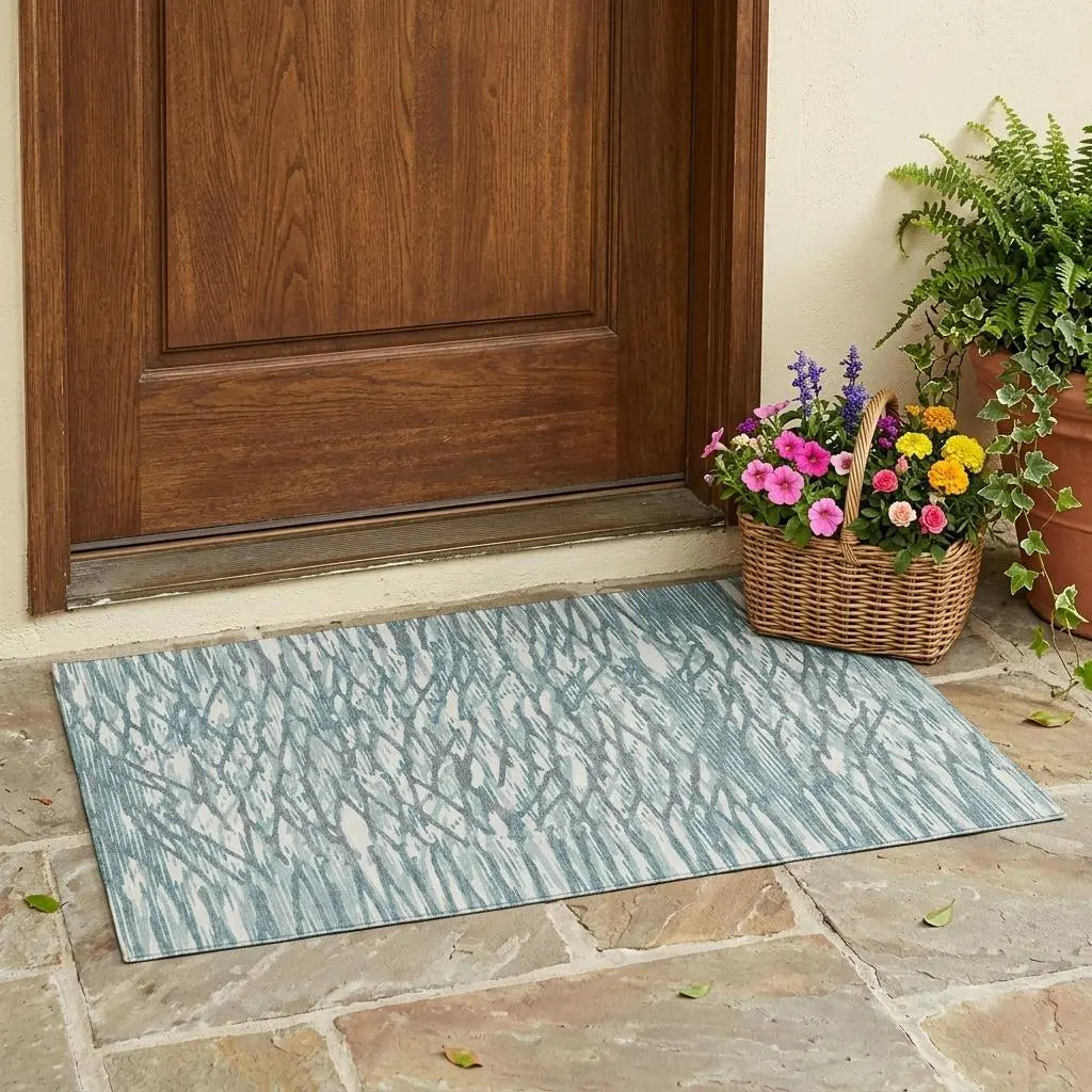 3' X 5' Teal Blue And Pewter Abstract Washable Indoor Outdoor Area Rug Homeroots Outdoor