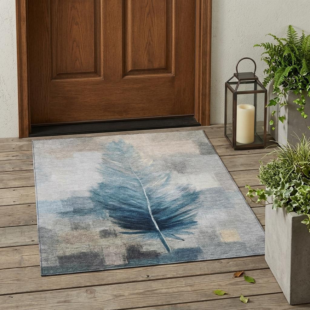 3' X 5' Teal Blue And Pewter Botanical Leaves Washable Indoor Outdoor Area Rug Homeroots Outdoor