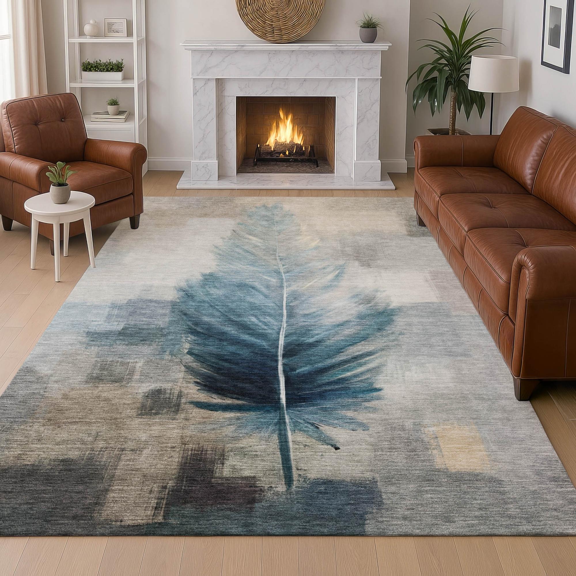 3' X 5' Teal Blue And Pewter Botanical Leaves Washable Indoor Outdoor Area Rug Homeroots Outdoor