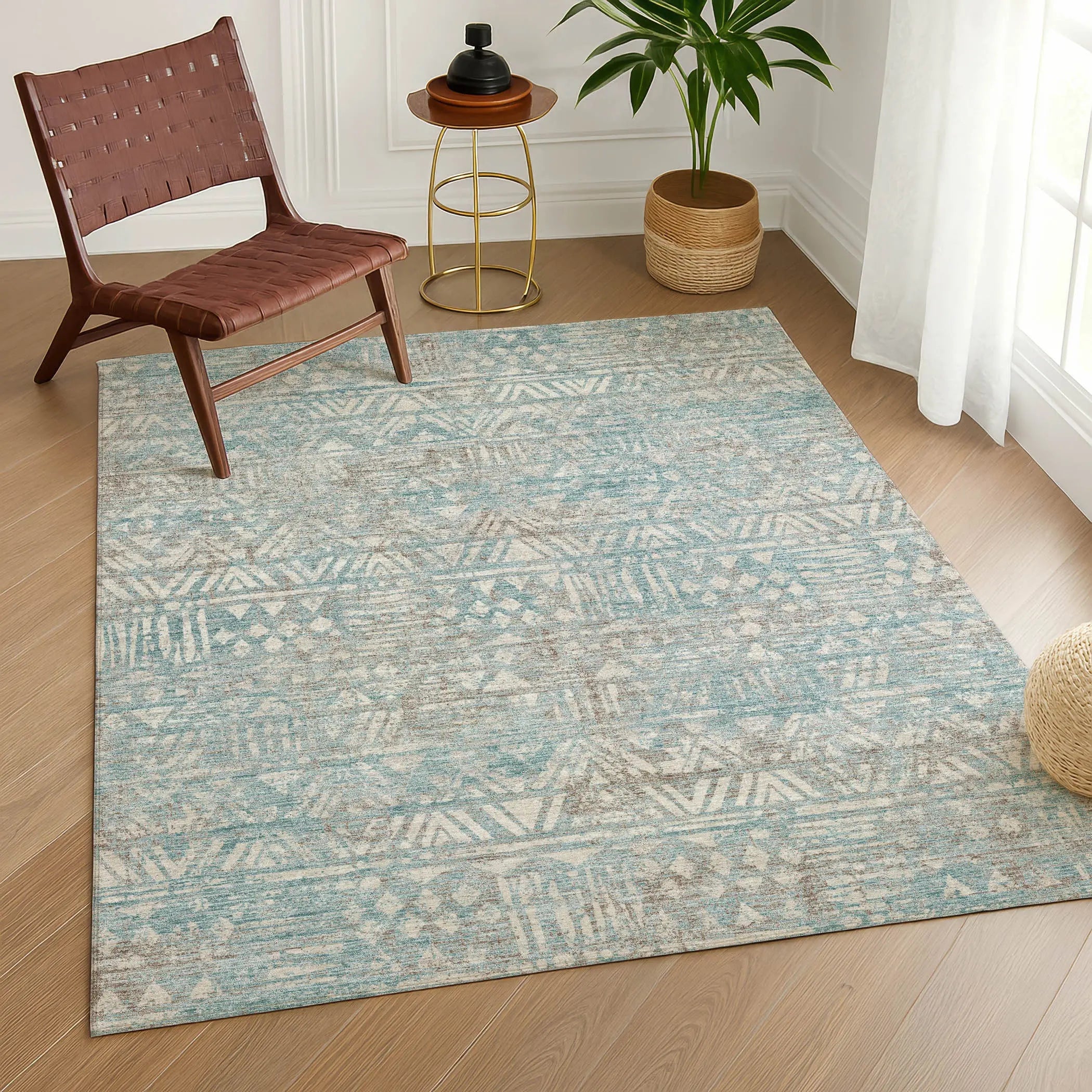 3' X 5' Teal Blue And Pewter Geometric Washable Indoor Outdoor Area Rug Homeroots Outdoor