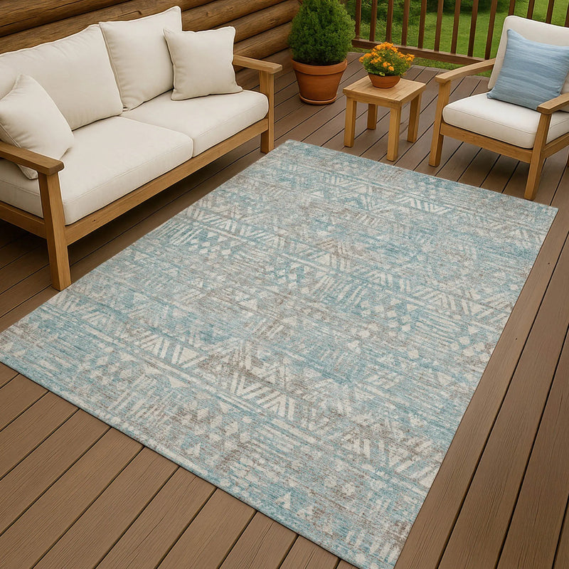 3' X 5' Teal Blue And Pewter Geometric Washable Indoor Outdoor Area Rug Homeroots Outdoor