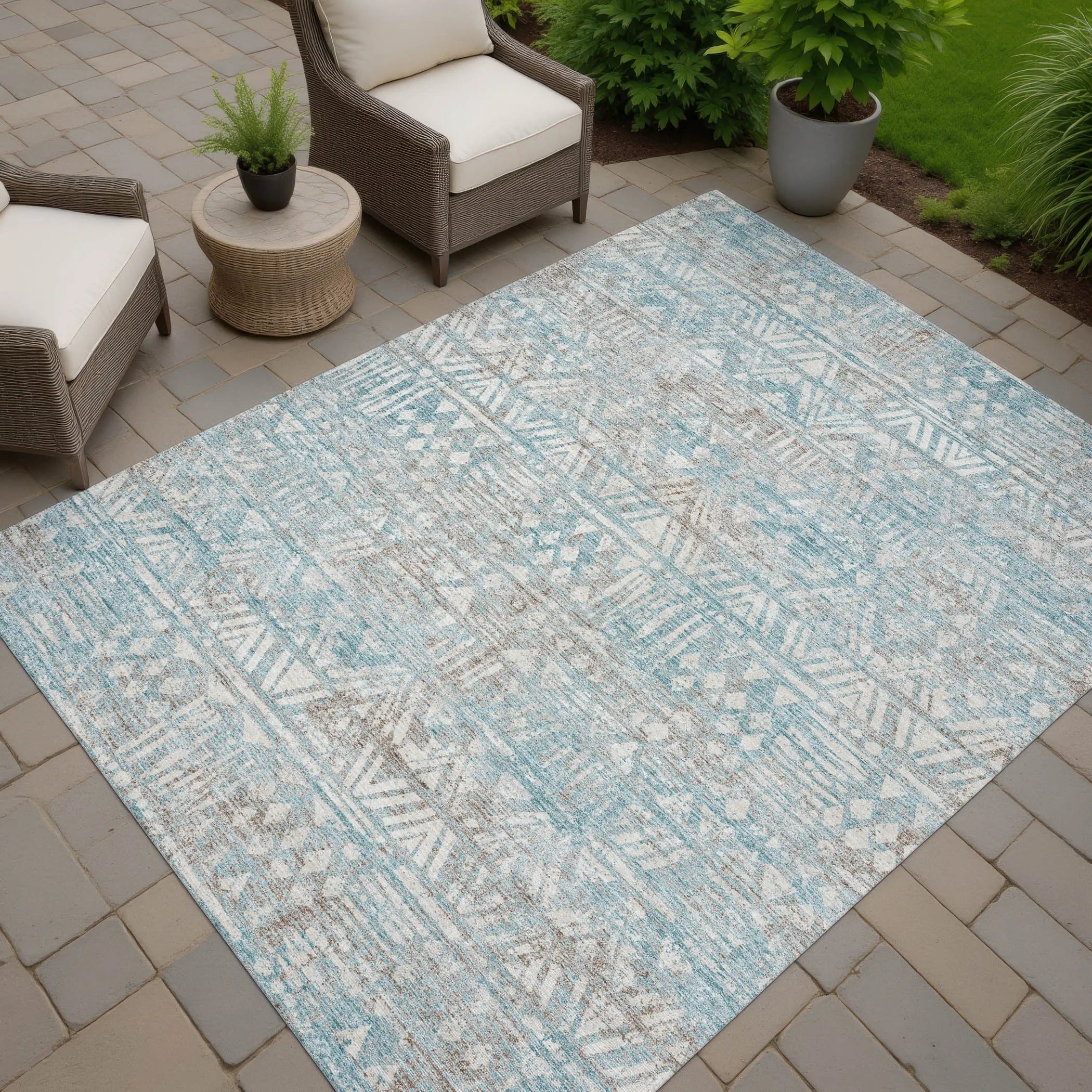 3' X 5' Teal Blue And Pewter Geometric Washable Indoor Outdoor Area Rug Homeroots Outdoor