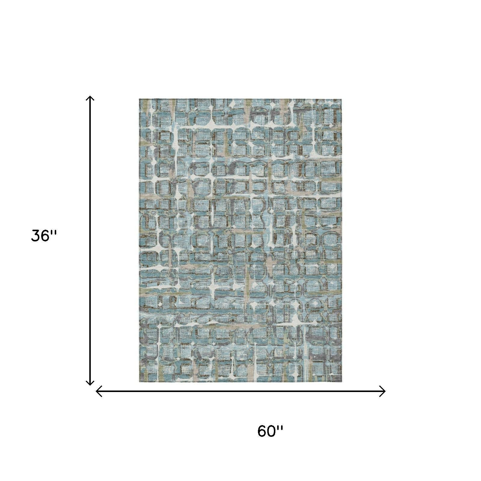 3' X 5' Teal Blue And Pewter Geometric Washable Indoor Outdoor Area Rug Homeroots Outdoor