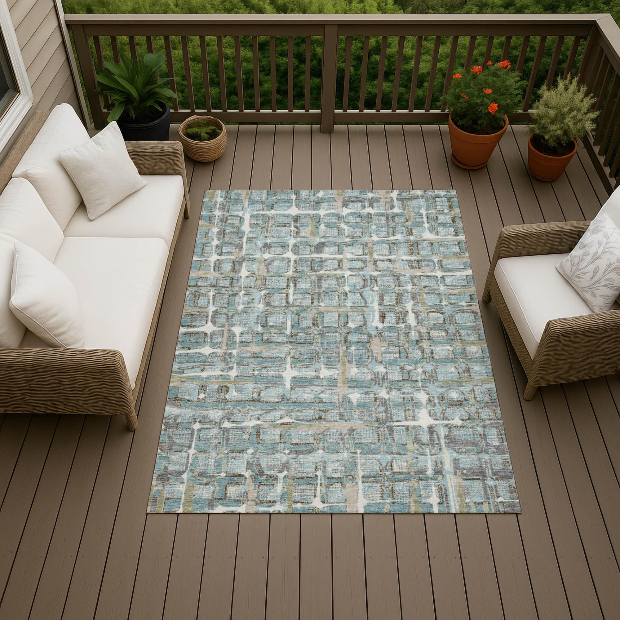 3' X 5' Teal Blue And Pewter Geometric Washable Indoor Outdoor Area Rug Homeroots Outdoor