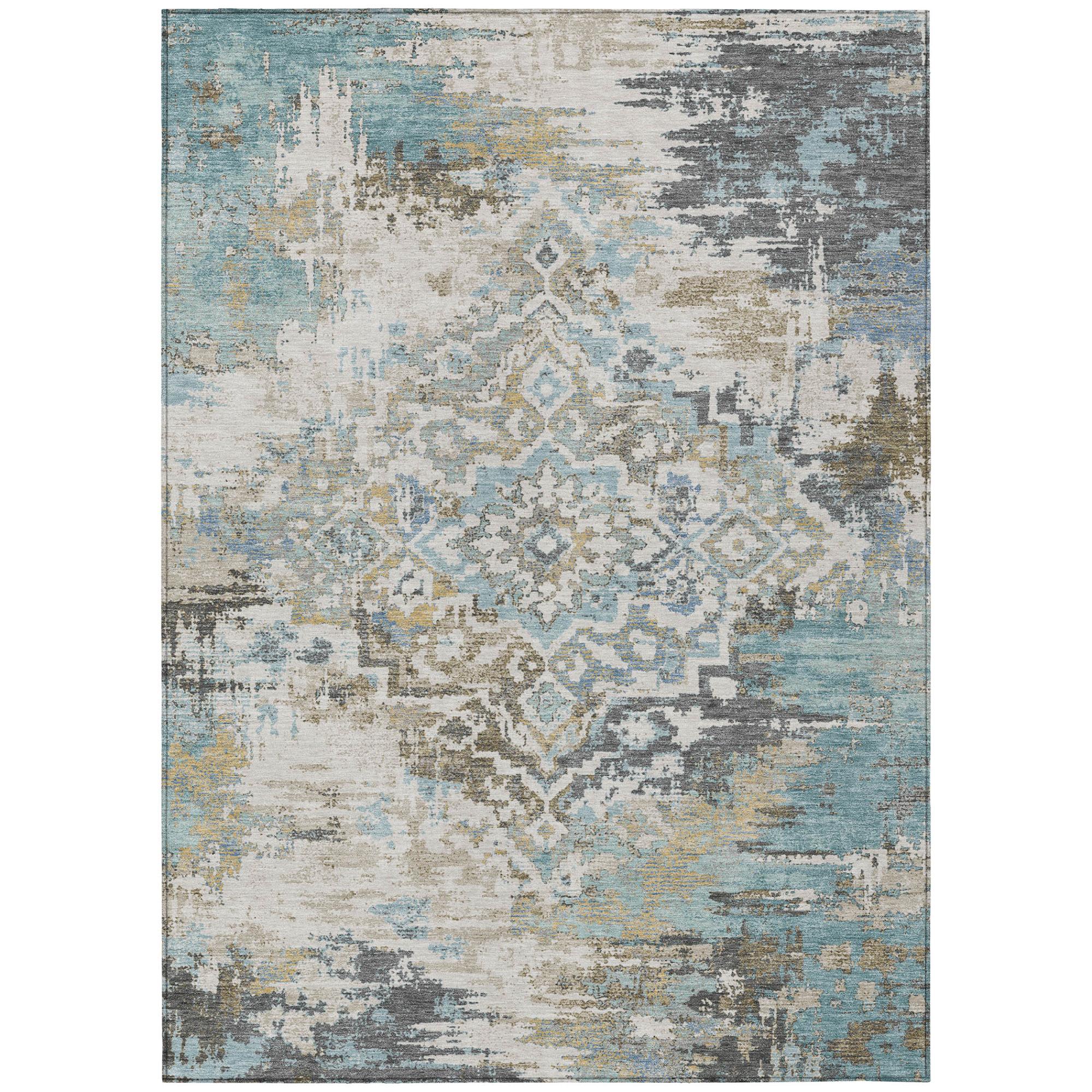 3' X 5' Teal Blue And Pewter Medallion Washable Indoor Outdoor Area Rug Homeroots Outdoor