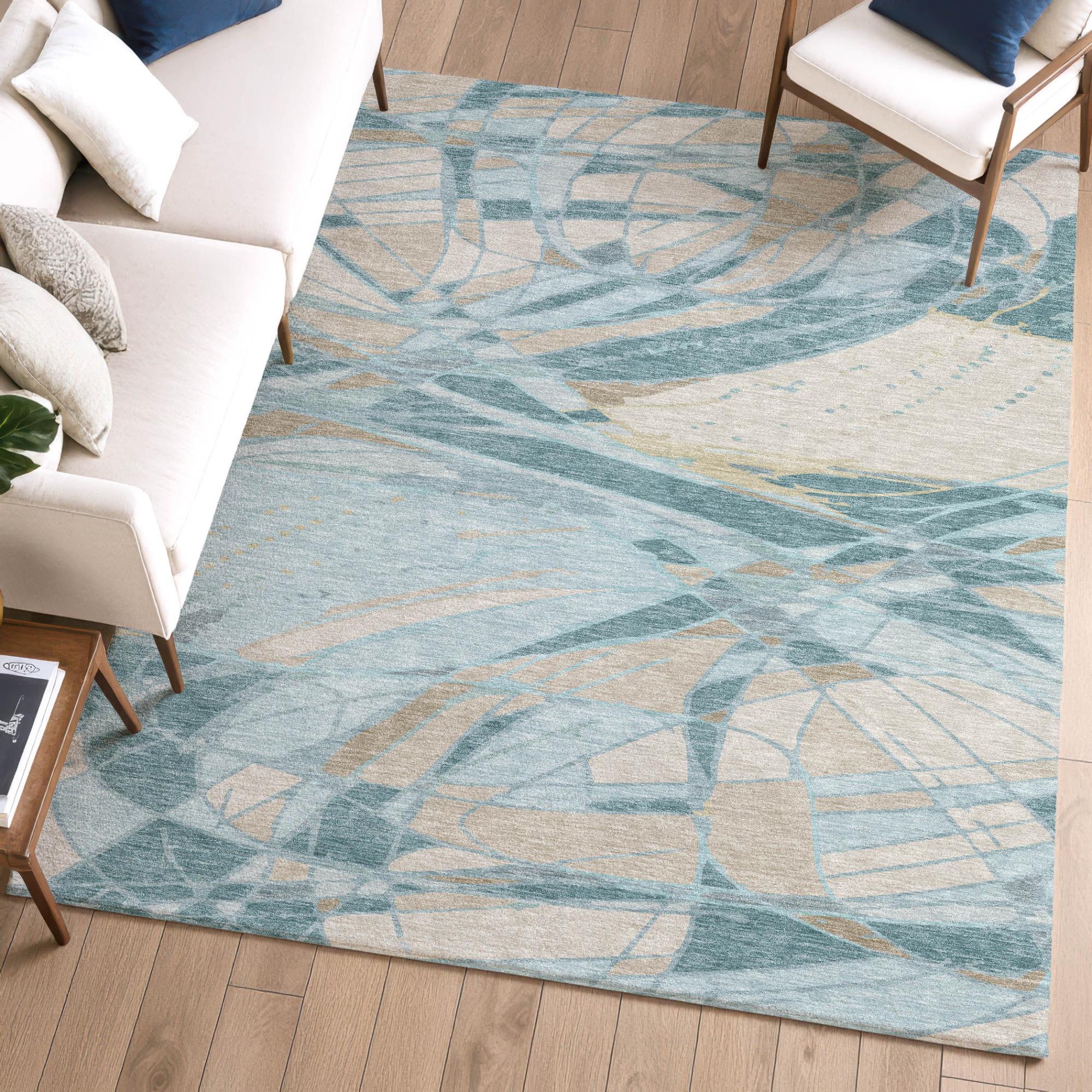 3' X 5' Teal Blue And Silver Abstract Washable Indoor Outdoor Area Rug Homeroots Outdoor