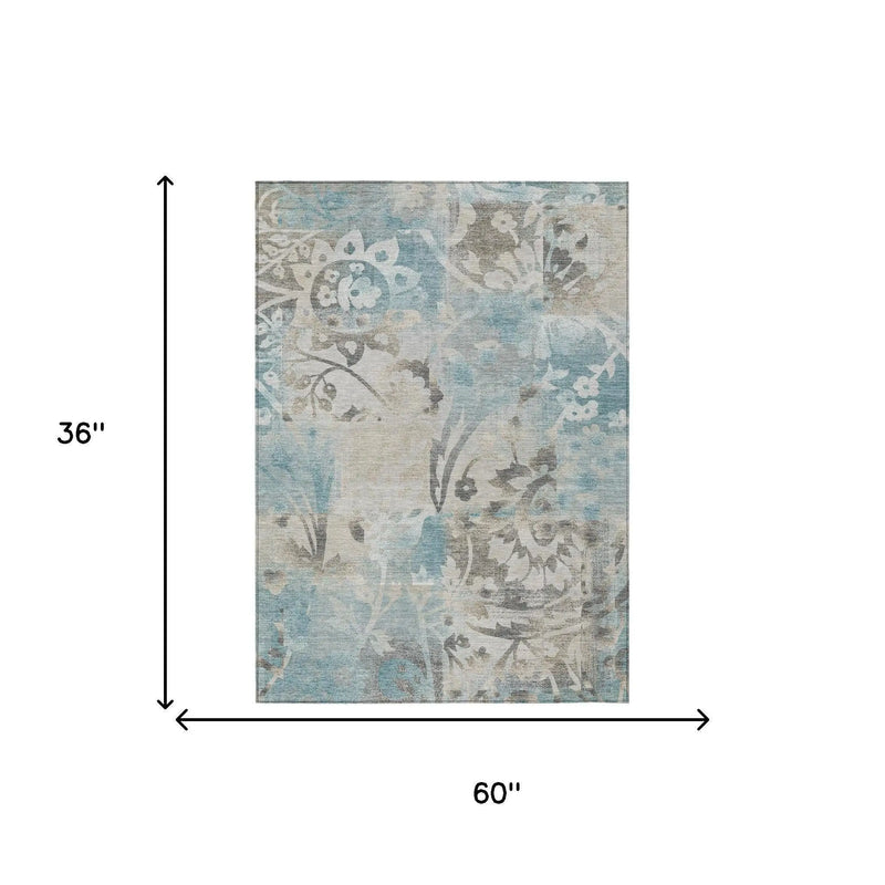 3' X 5' Teal Blue And Silver Botanical Leaves Washable Indoor Outdoor Area Rug Homeroots Outdoor