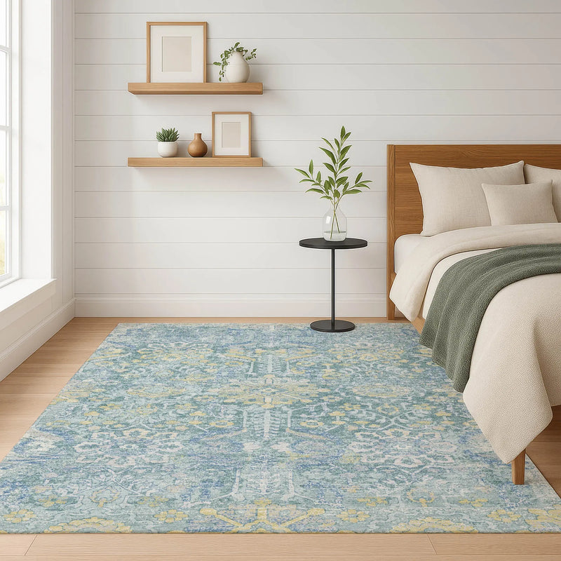 3' X 5' Teal Blue And Silver Damask Washable Indoor Outdoor Area Rug Homeroots Outdoor