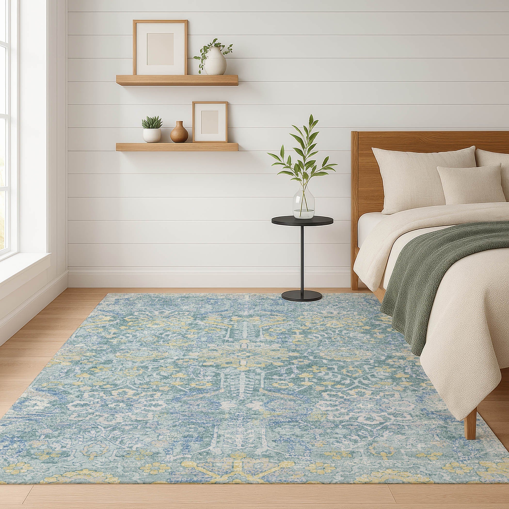 3' X 5' Teal Blue And Silver Damask Washable Indoor Outdoor Area Rug Homeroots Outdoor