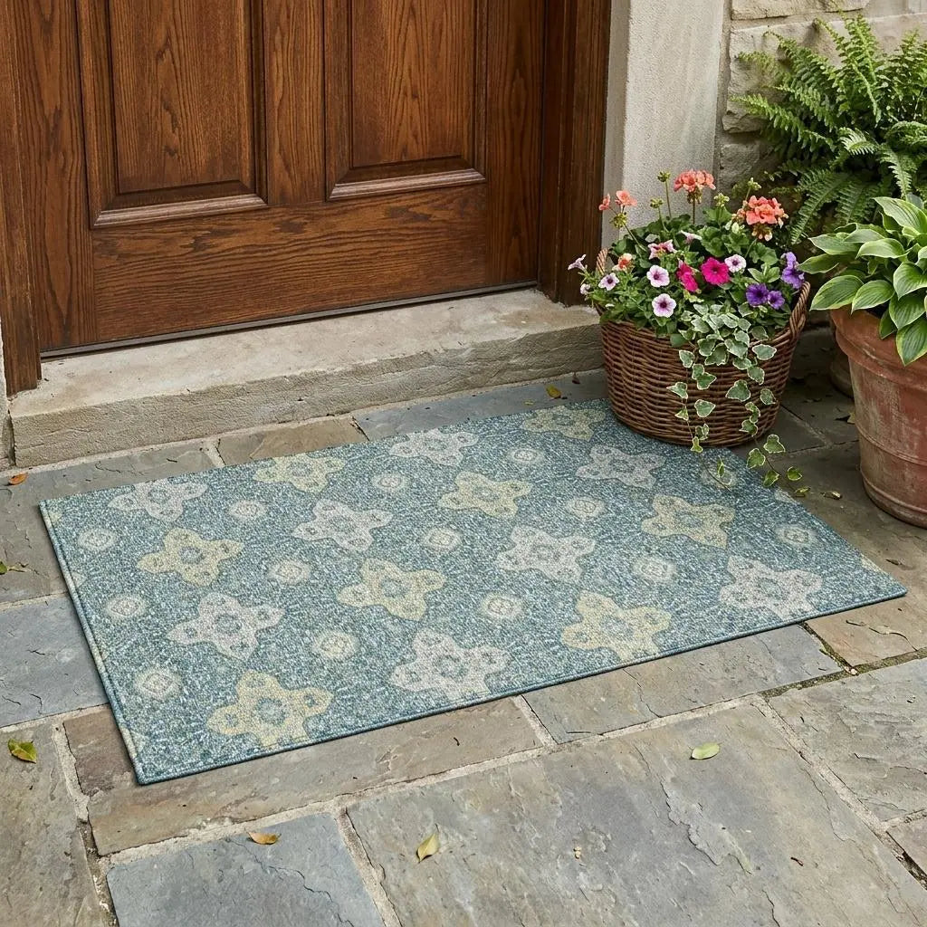 3' X 5' Teal Blue And Silver Damask Washable Indoor Outdoor Area Rug Homeroots Outdoor
