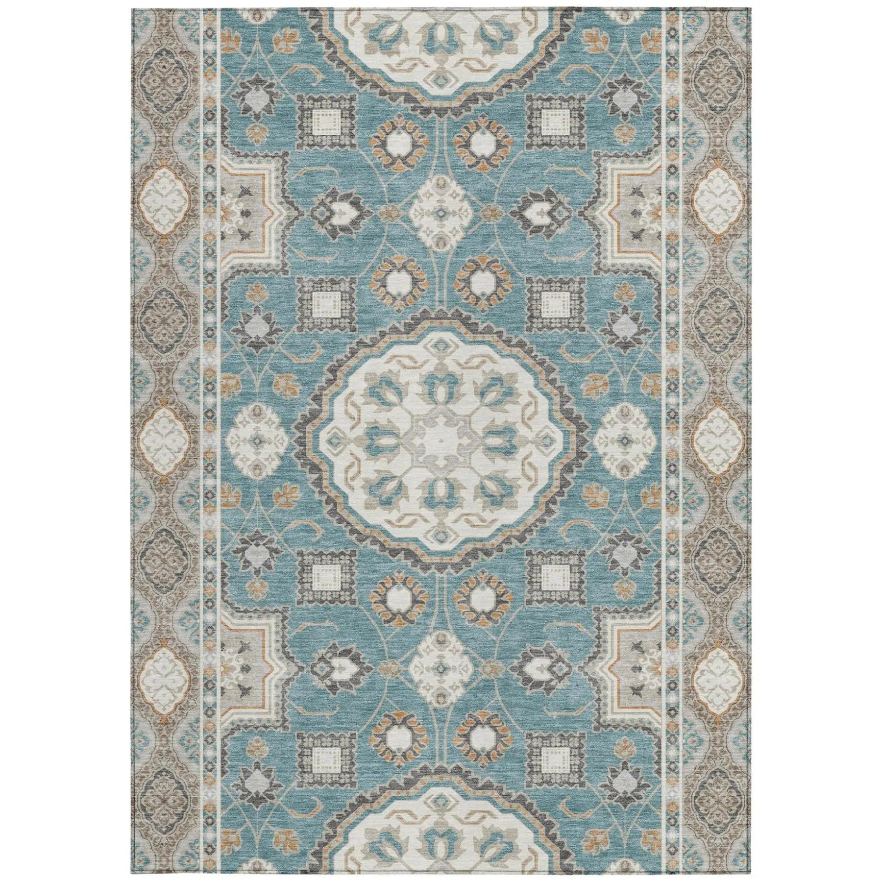 3' X 5' Teal Blue And Silver Floral Medallion Washable Indoor Outdoor Area Rug Homeroots Outdoor
