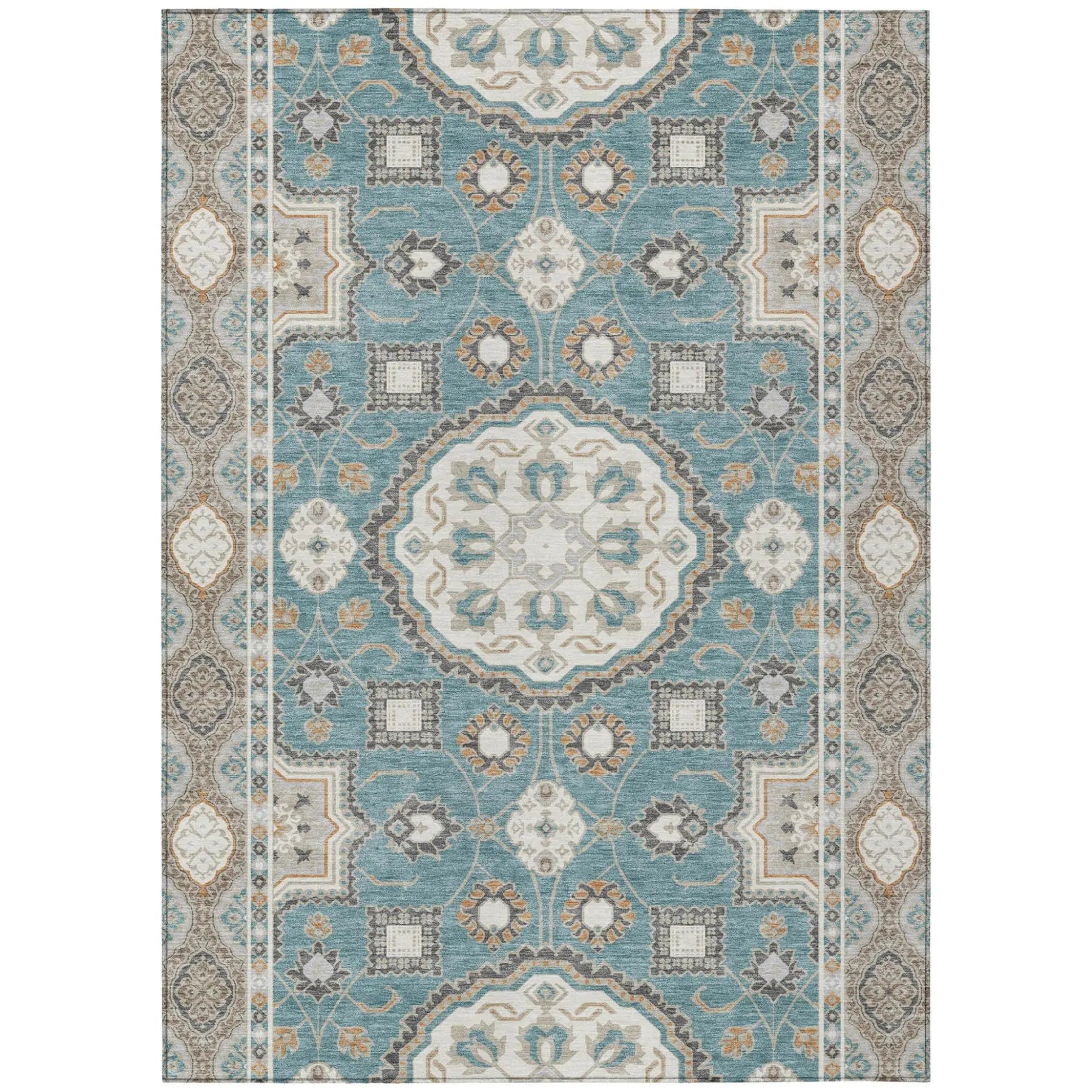 3' X 5' Teal Blue And Silver Floral Medallion Washable Indoor Outdoor Area Rug Homeroots Outdoor
