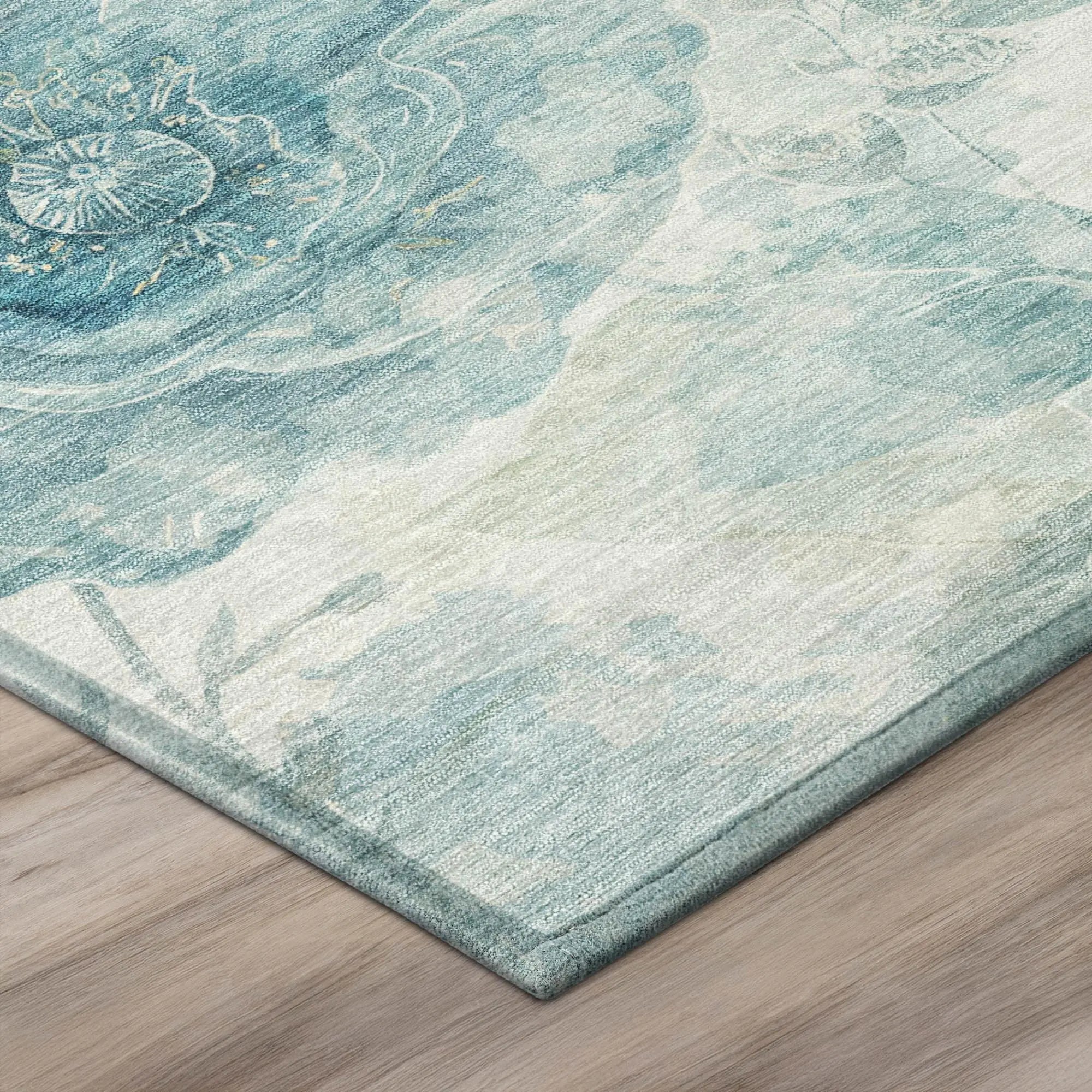 3' X 5' Teal Blue And Silver Floral Washable Indoor Outdoor Area Rug Homeroots Outdoor